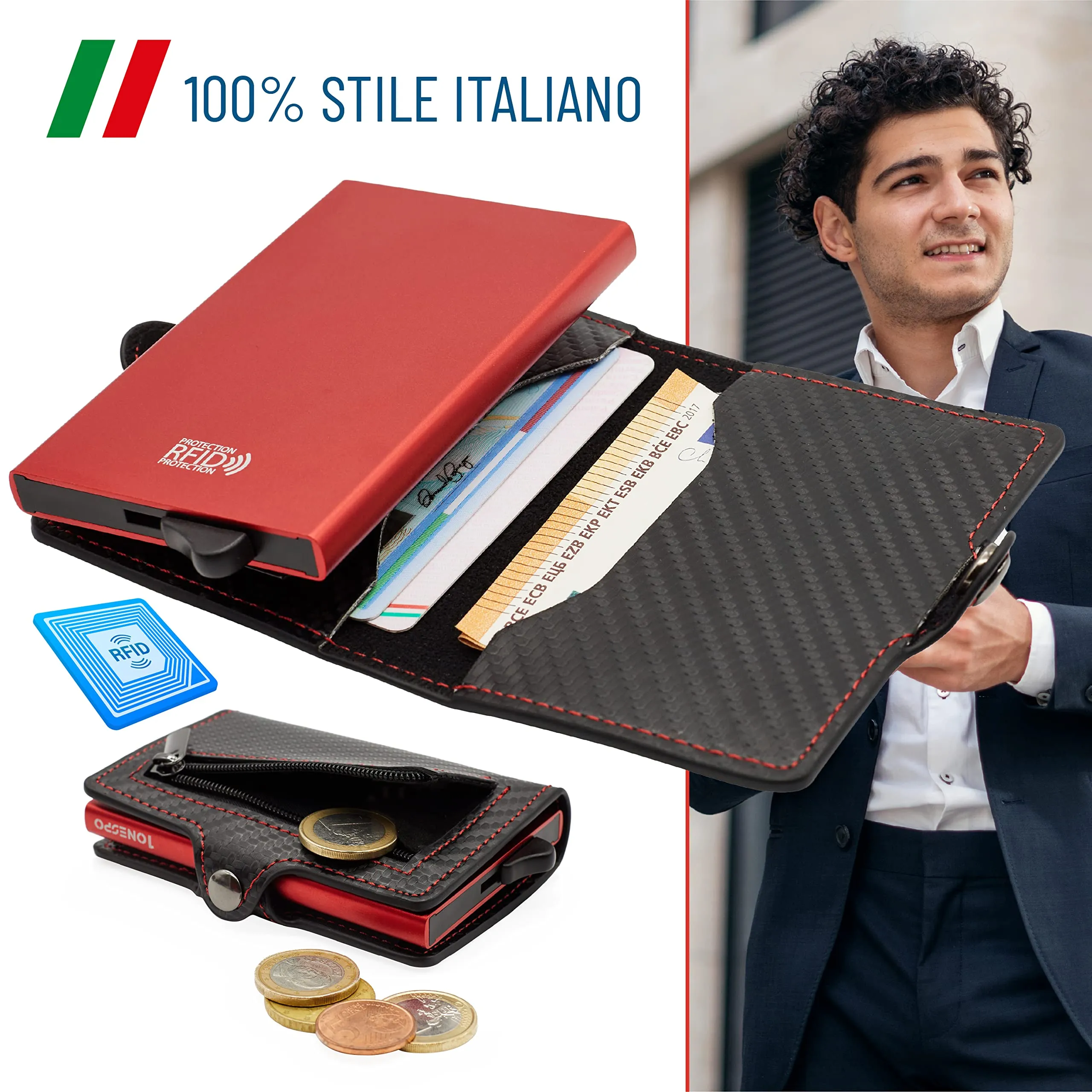 1ONESPO Porta Carte di Credito Uomo - Portacarte Slim con Portamonete e Contanti - Porta tessere e documenti tascabile protezione RFID, Rosso… - immagine 4