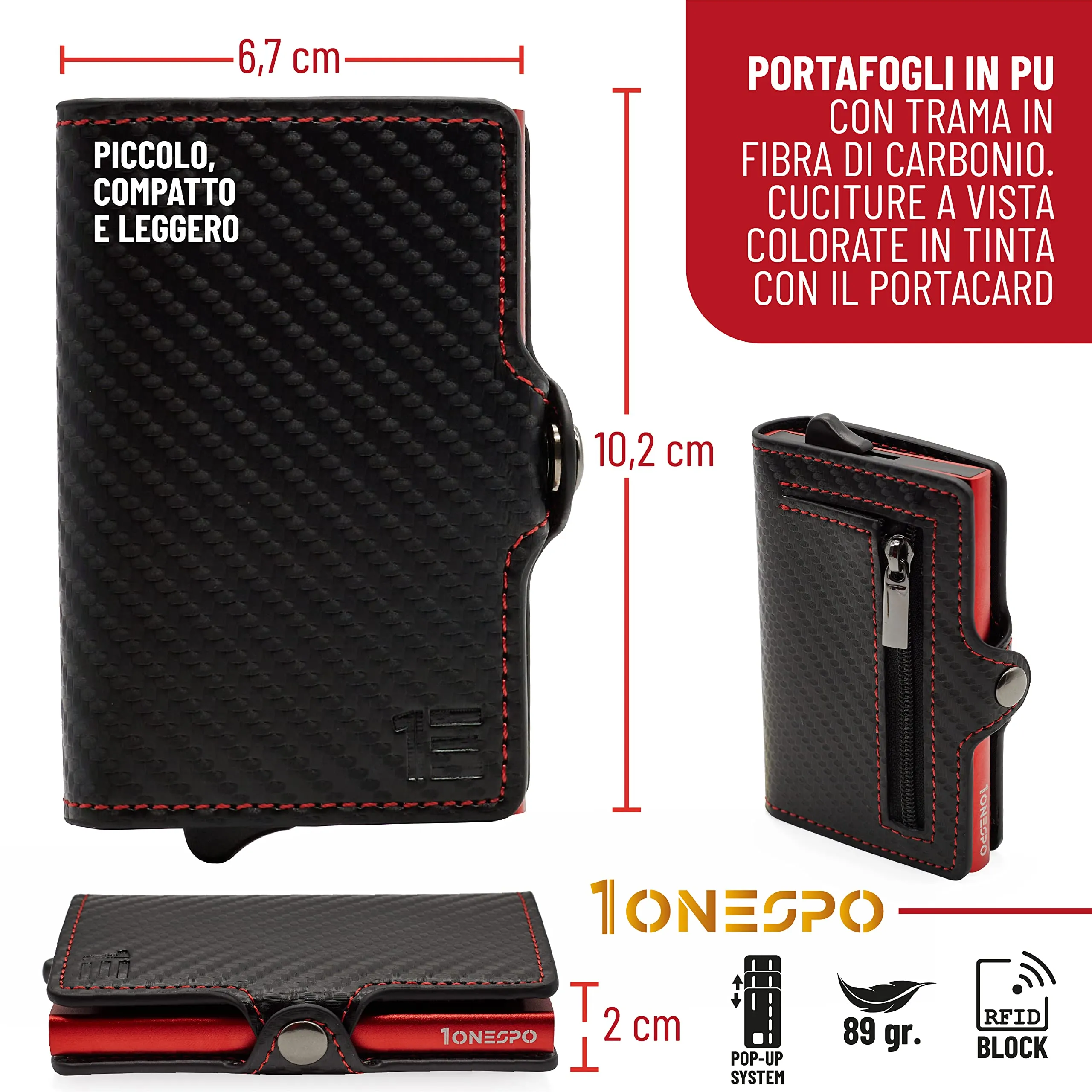 1ONESPO Porta Carte di Credito Uomo - Portacarte Slim con Portamonete e Contanti - Porta tessere e documenti tascabile protezione RFID, Rosso… - immagine 5