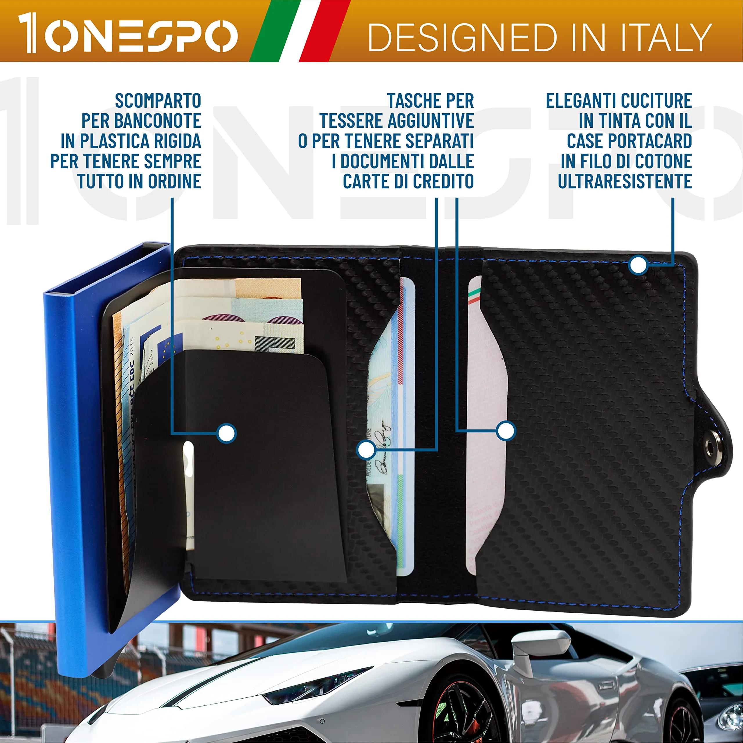 1ONESPO Porta Carte di Credito Uomo - Portacarte Slim con Portamonete e Contanti - Porta tessere e documenti tascabile protezione RFID, Blu… - immagine 2