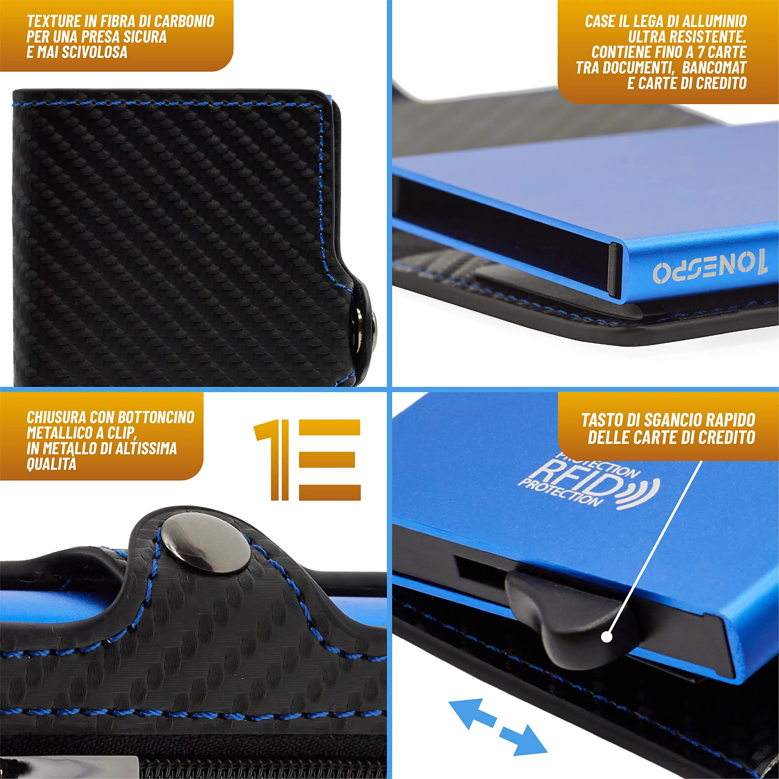 1ONESPO Porta Carte di Credito Uomo - Portacarte Slim con Portamonete e Contanti - Porta tessere e documenti tascabile protezione RFID, Blu… - immagine 3