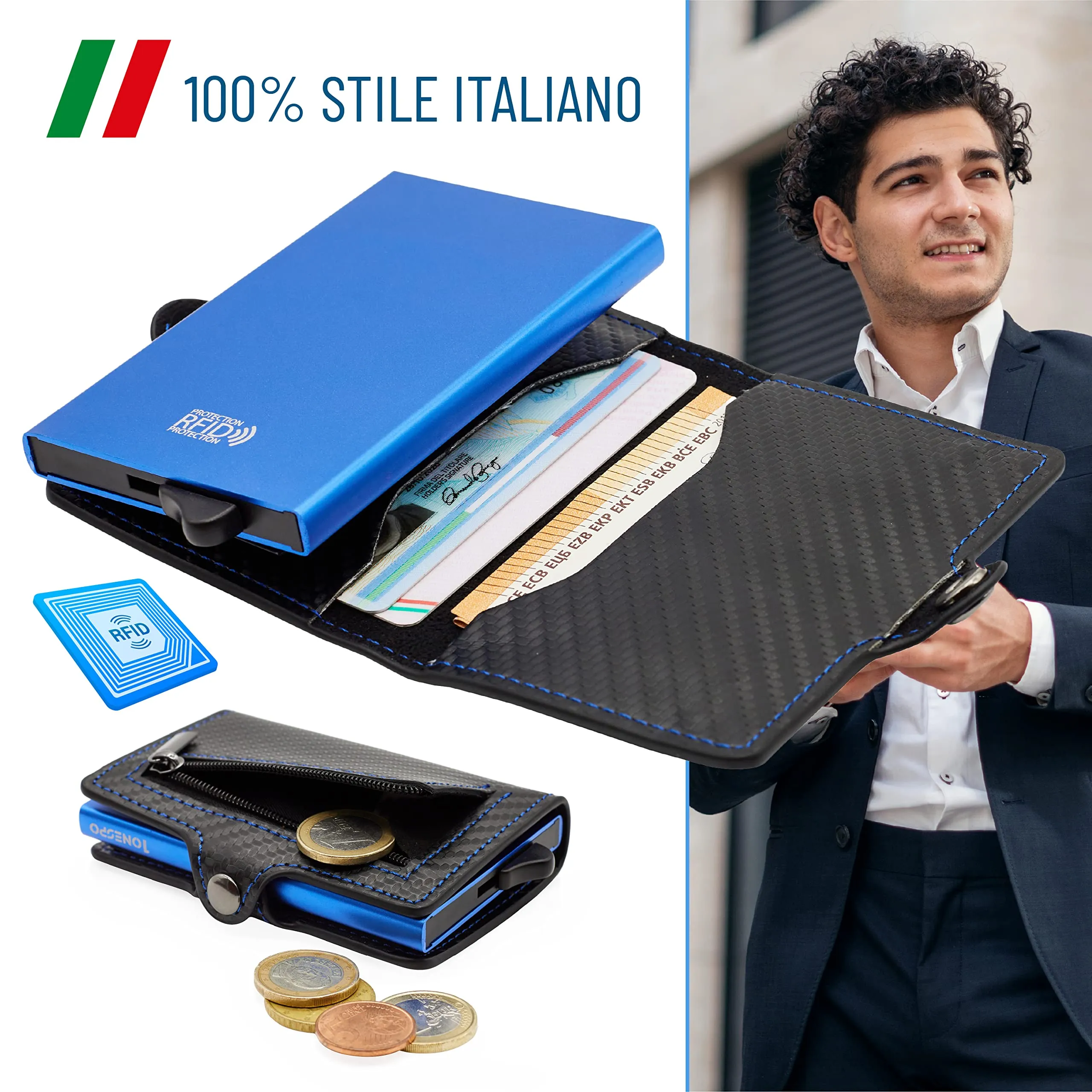 1ONESPO Porta Carte di Credito Uomo - Portacarte Slim con Portamonete e Contanti - Porta tessere e documenti tascabile protezione RFID, Blu… - immagine 4