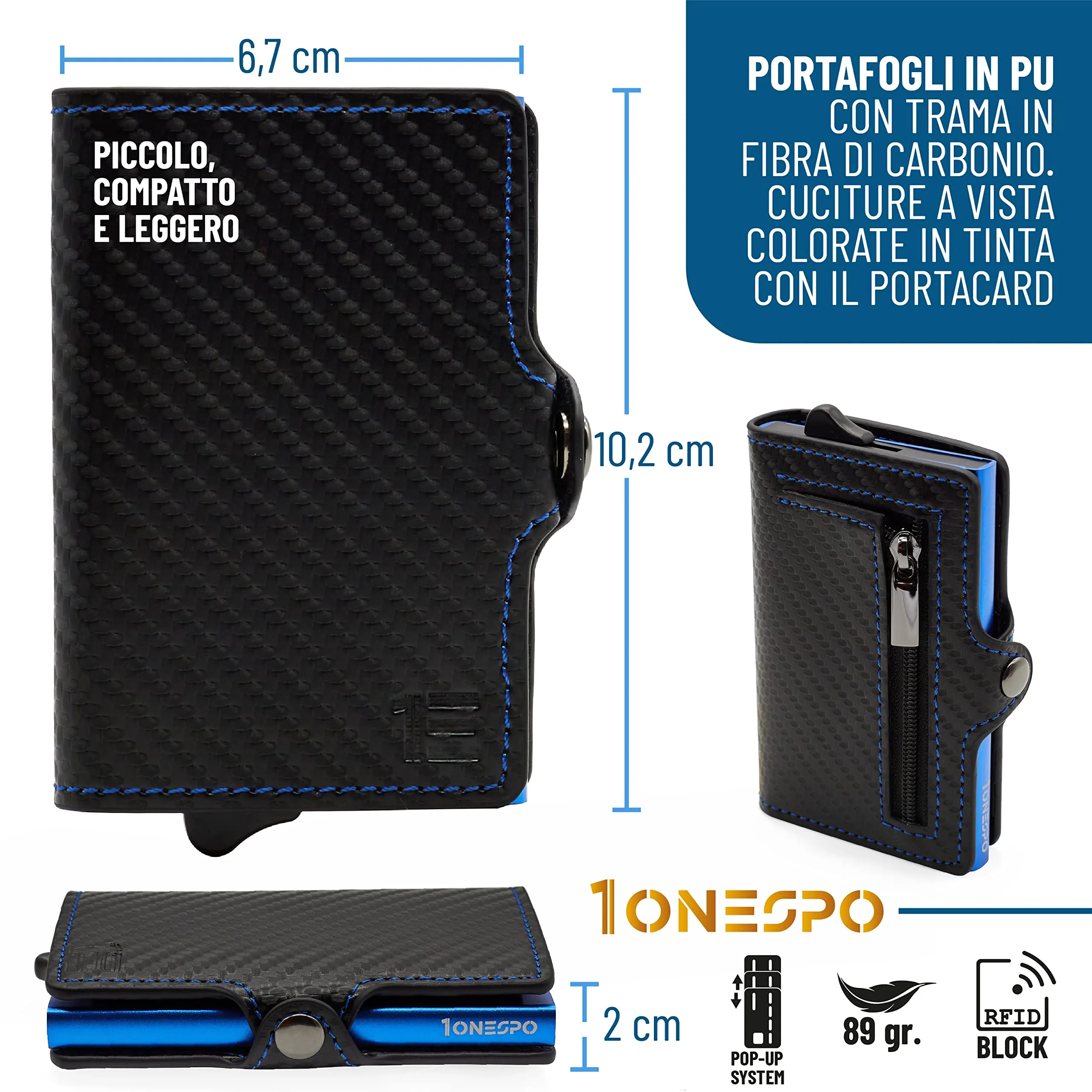 1ONESPO Porta Carte di Credito Uomo - Portacarte Slim con Portamonete e Contanti - Porta tessere e documenti tascabile protezione RFID, Blu… - immagine 5