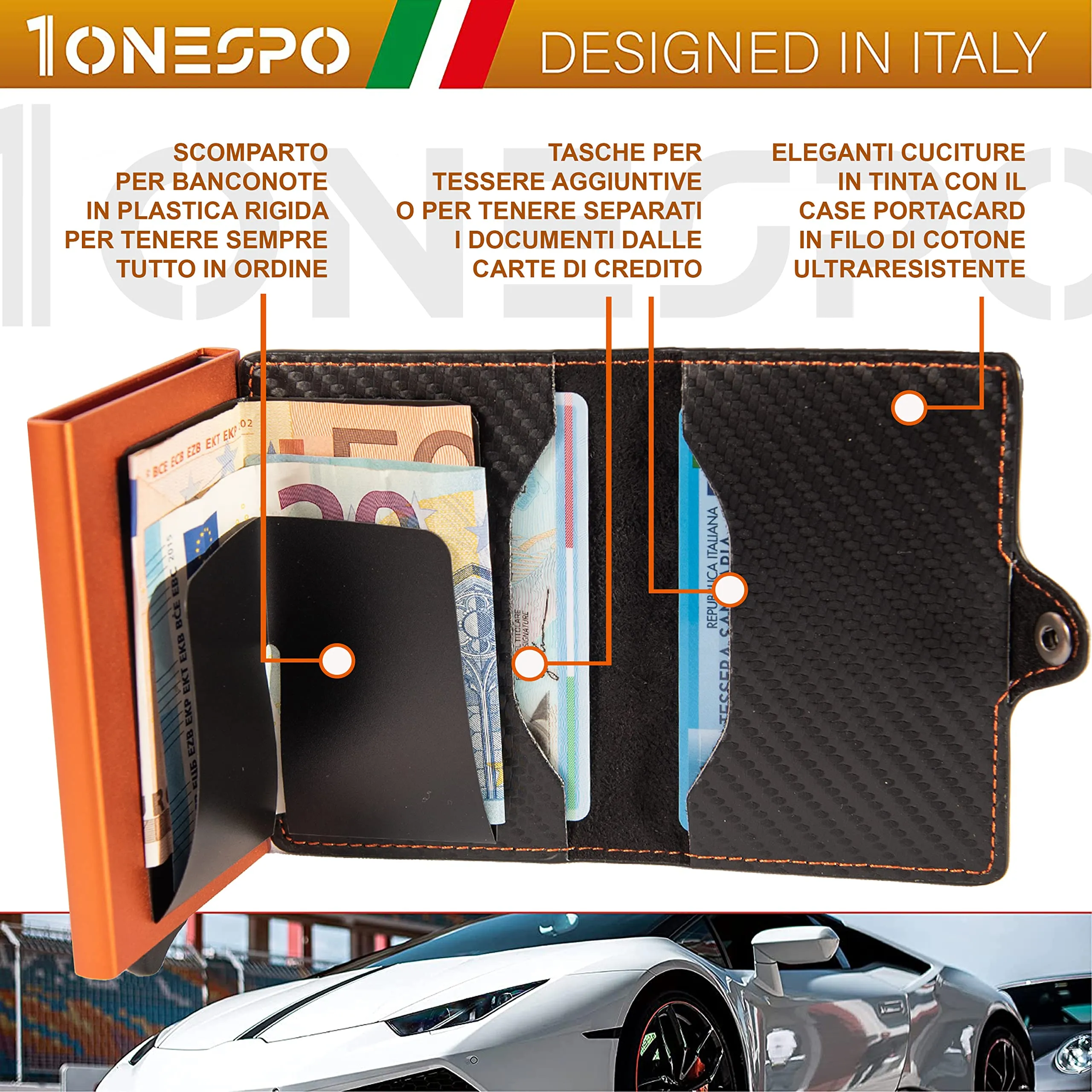 1ONESPO Porta Carte di Credito Uomo - Portacarte Slim con Portamonete e Contanti - Porta tessere e documenti tascabile protezione RFID, Arancione… - immagine 2