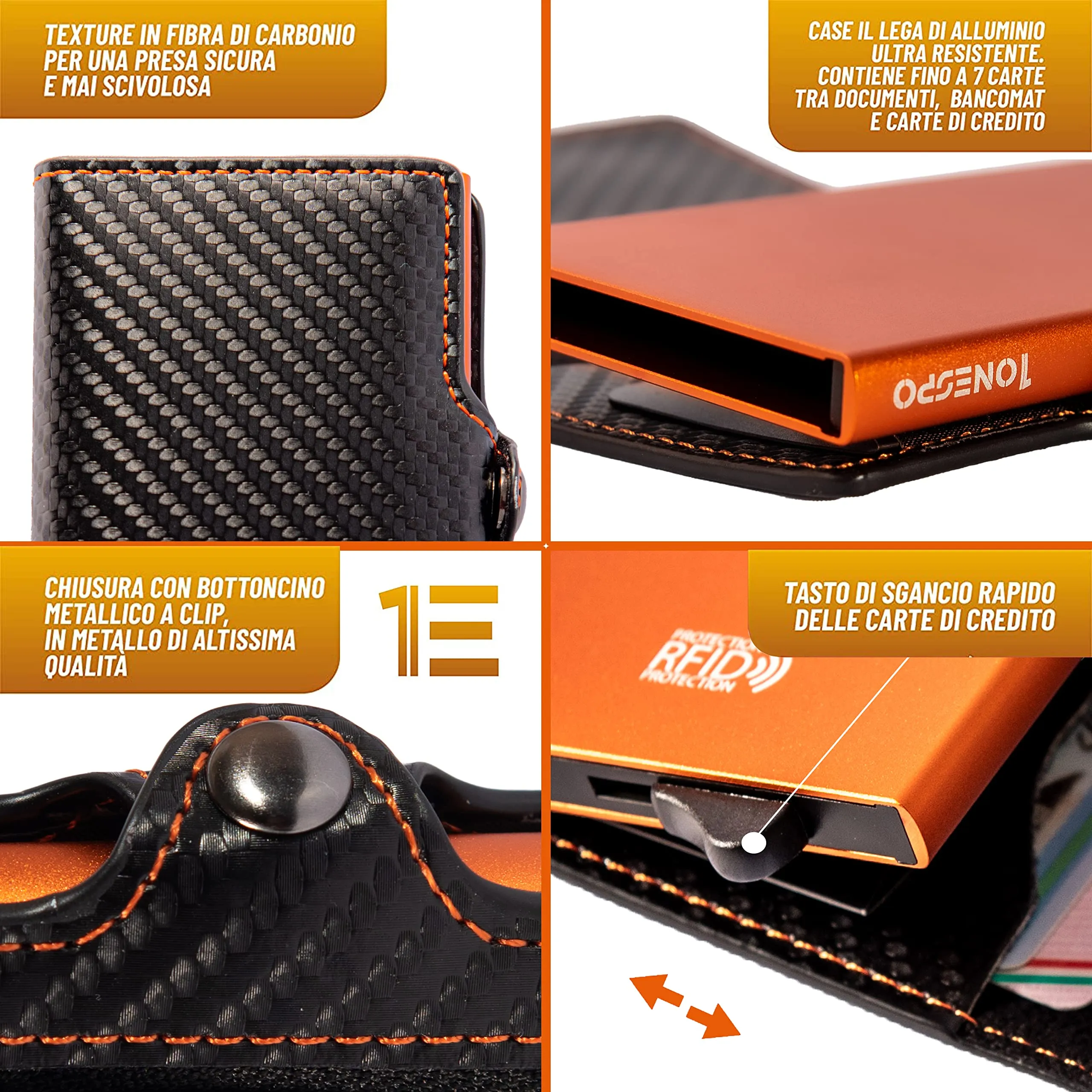 1ONESPO Porta Carte di Credito Uomo - Portacarte Slim con Portamonete e Contanti - Porta tessere e documenti tascabile protezione RFID, Arancione… - immagine 3