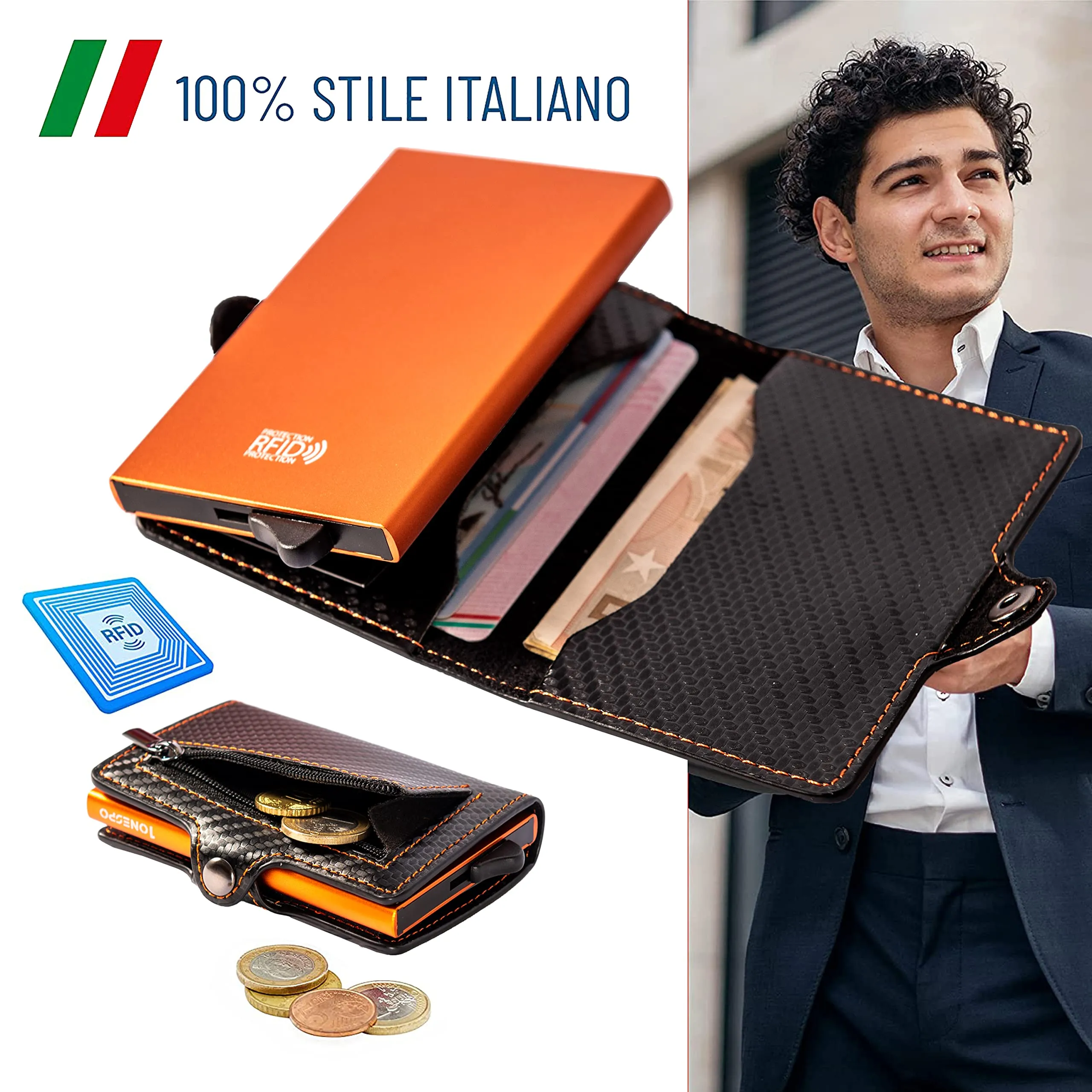 1ONESPO Porta Carte di Credito Uomo - Portacarte Slim con Portamonete e Contanti - Porta tessere e documenti tascabile protezione RFID, Arancione… - immagine 4