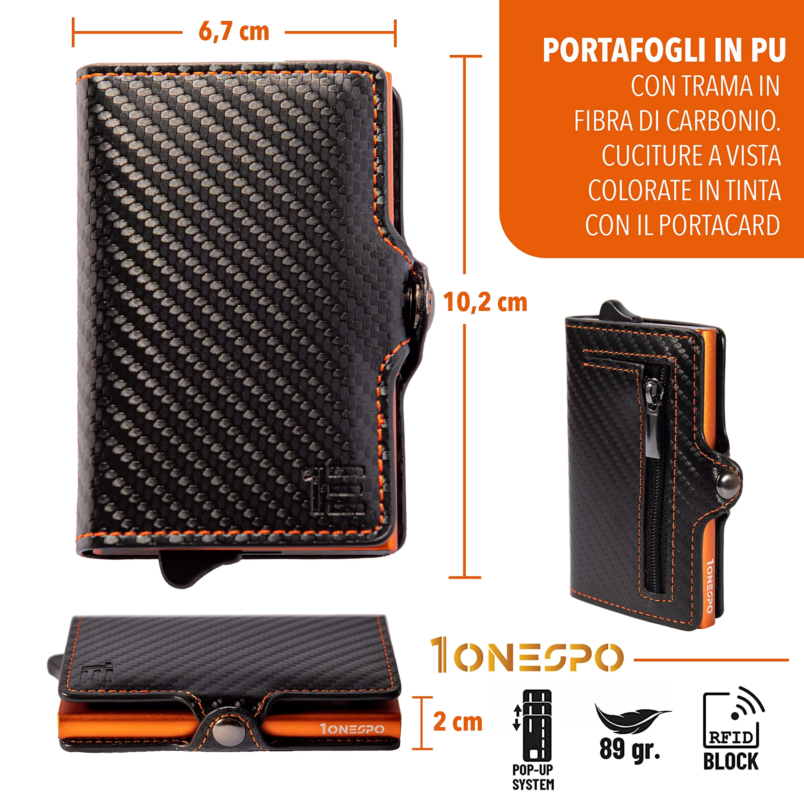 1ONESPO Porta Carte di Credito Uomo - Portacarte Slim con Portamonete e Contanti - Porta tessere e documenti tascabile protezione RFID, Arancione… - immagine 5