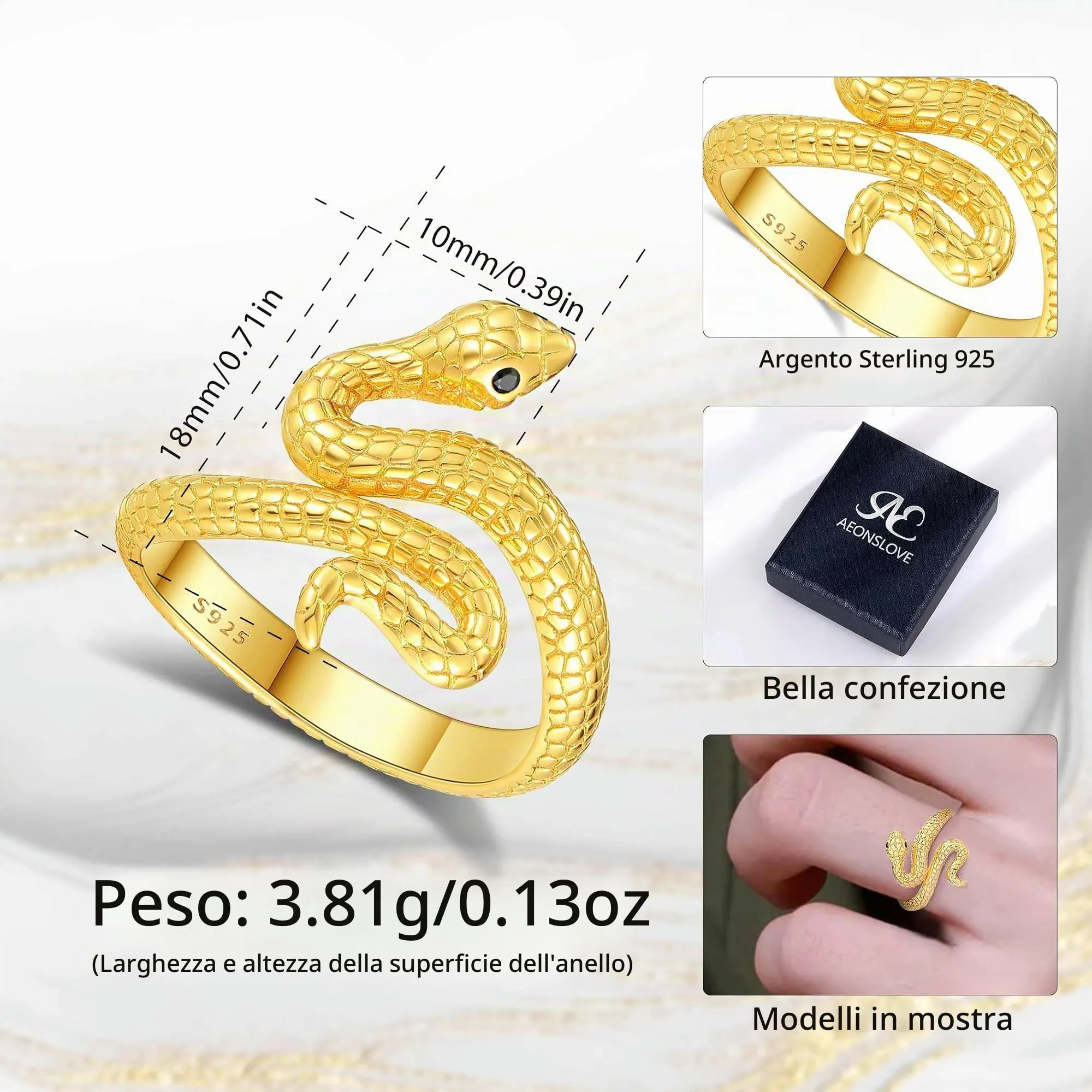 AEONSLOVE Anelli Donna Regolabile Argento 925, Anello Aperto Serpente Vichingo, Idea Regalo per Mamma Ragazze (oro) - immagine 7