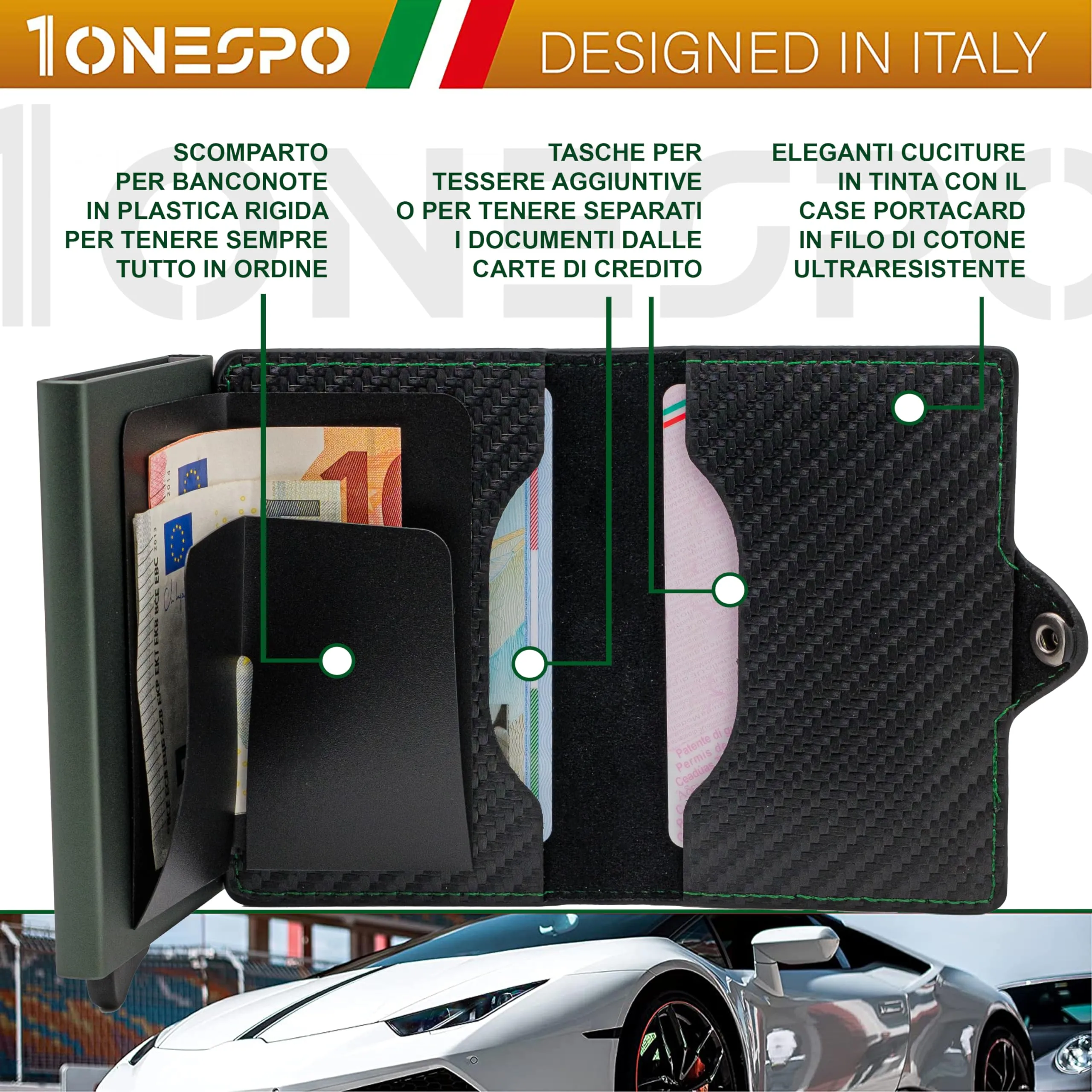 1ONESPO Porta Carte di Credito Uomo - Portacarte Slim con Portamonete e Contanti - Porta tessere e documenti tascabile protezione RFID, Carbon Verde - immagine 2