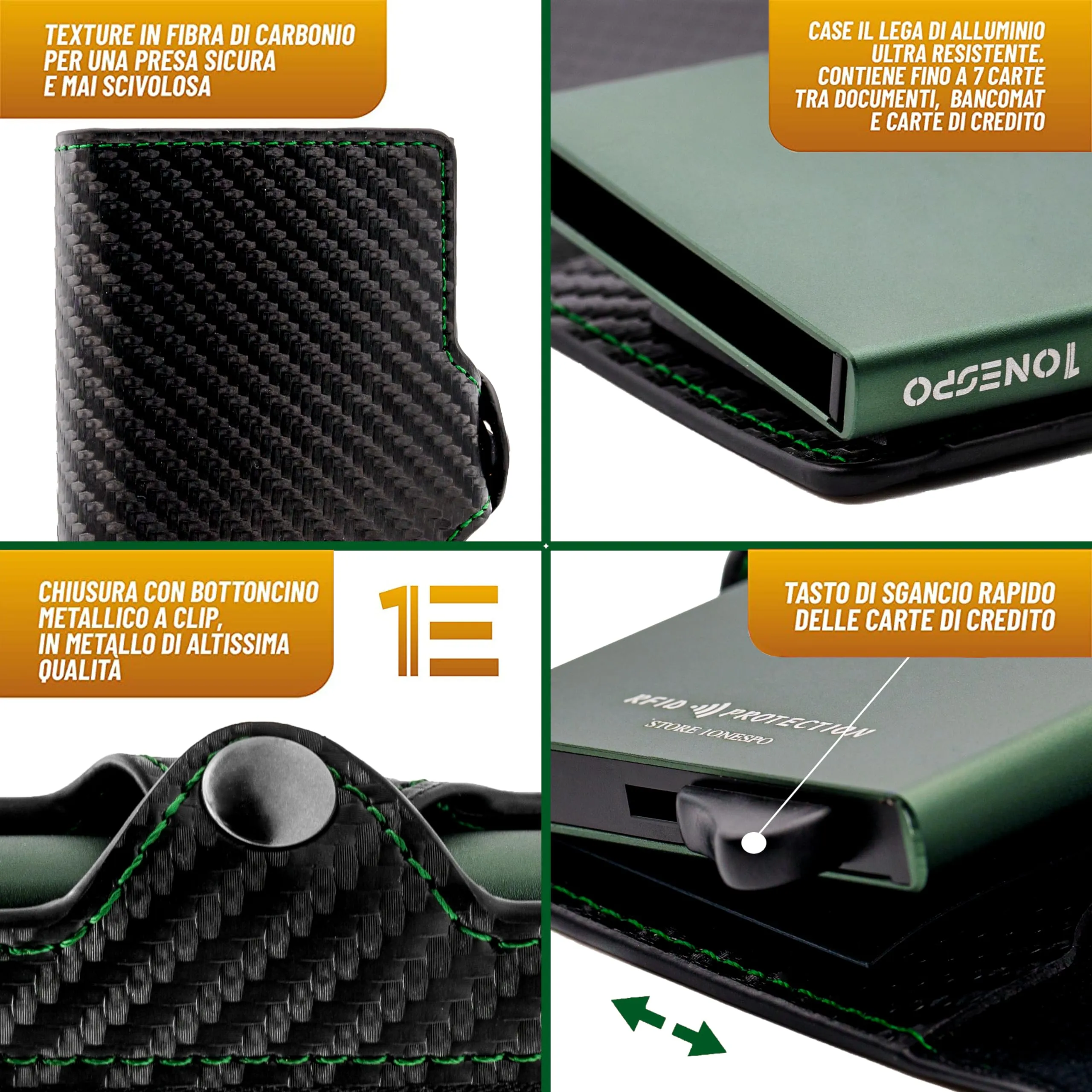 1ONESPO Porta Carte di Credito Uomo - Portacarte Slim con Portamonete e Contanti - Porta tessere e documenti tascabile protezione RFID, Carbon Verde - immagine 3