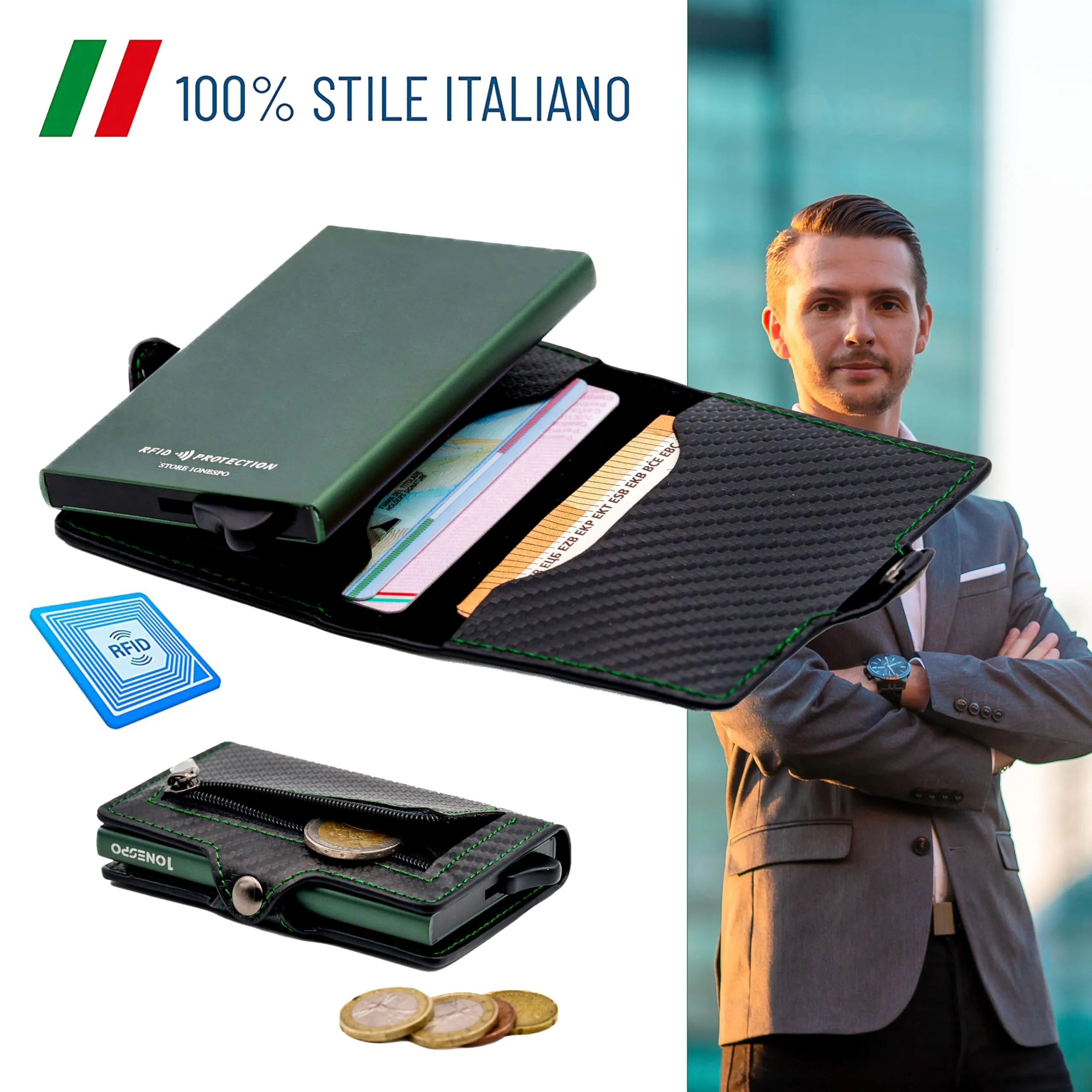 1ONESPO Porta Carte di Credito Uomo - Portacarte Slim con Portamonete e Contanti - Porta tessere e documenti tascabile protezione RFID, Carbon Verde - immagine 4