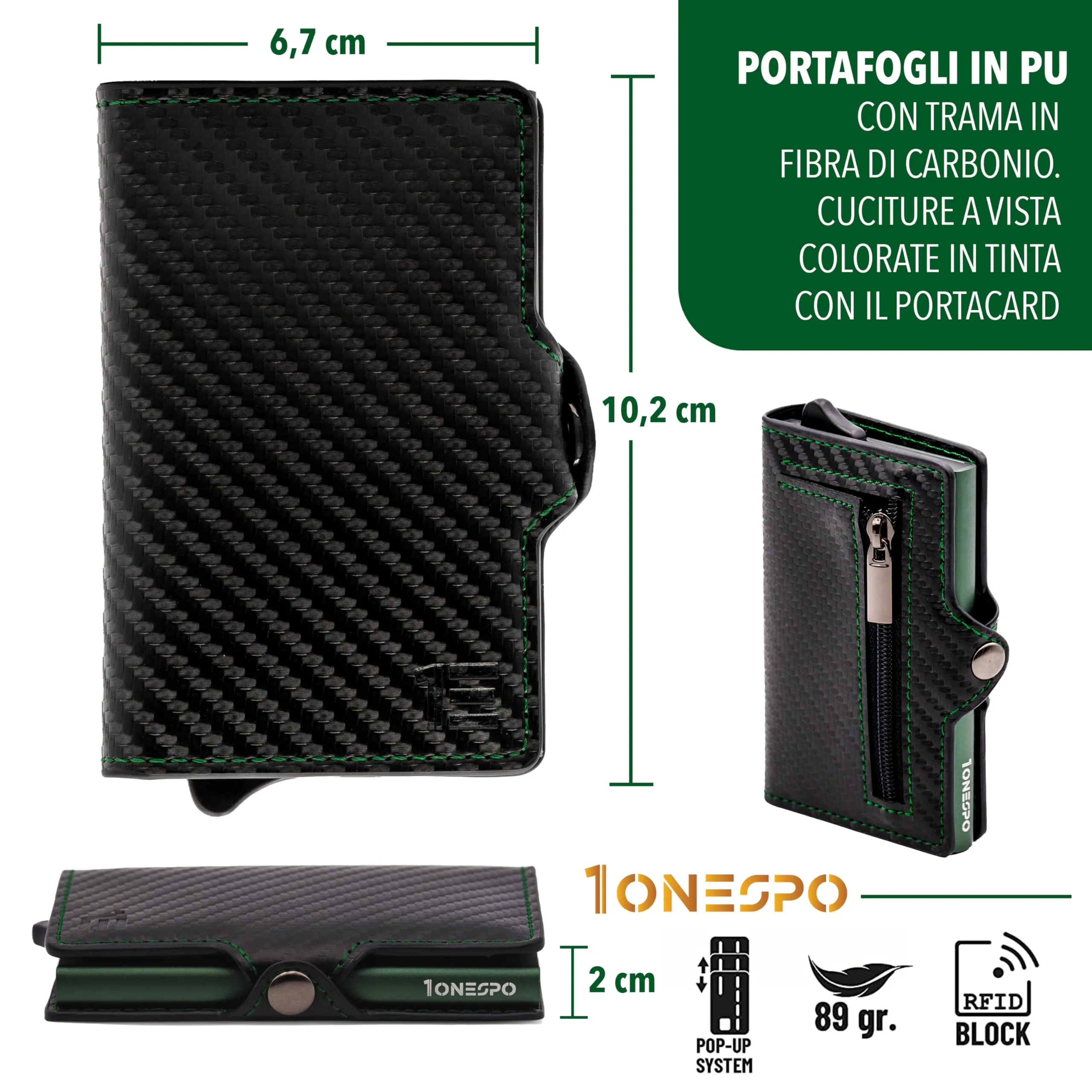 1ONESPO Porta Carte di Credito Uomo - Portacarte Slim con Portamonete e Contanti - Porta tessere e documenti tascabile protezione RFID, Carbon Verde - immagine 5