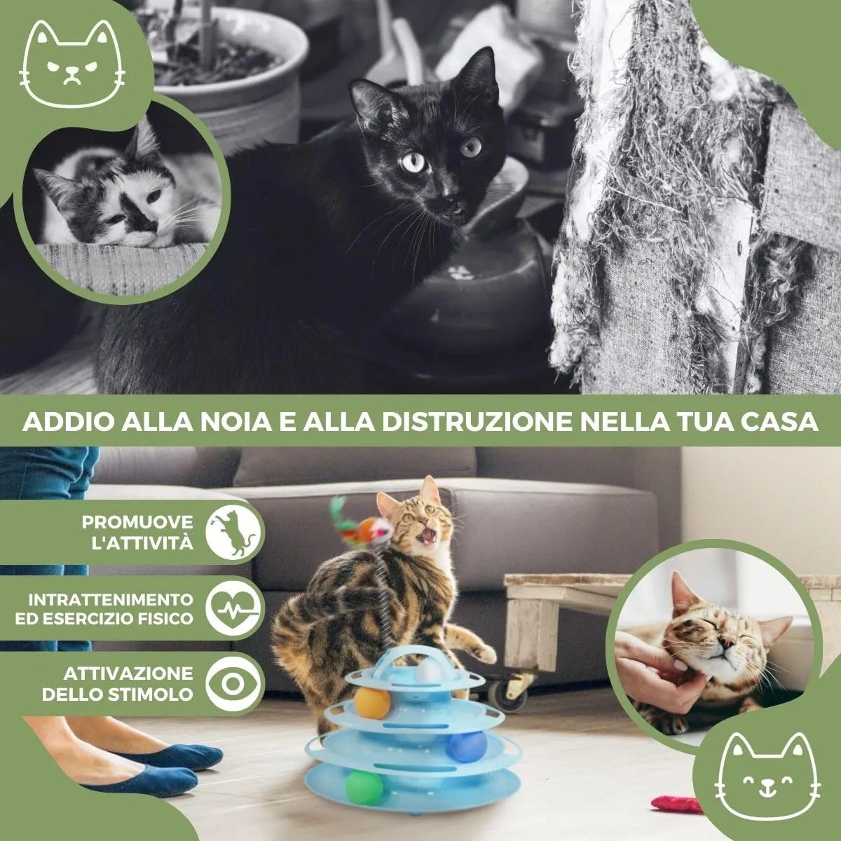 Mobiclinic® pets, Giocattolo per gatti, Interattivo, Catplay, Stimolazione sensoriale, 4 livelli, Palline, Facile da montare, 12x24x16, 5 cm, Torre interattiva, Antiscivolo - immagine 3