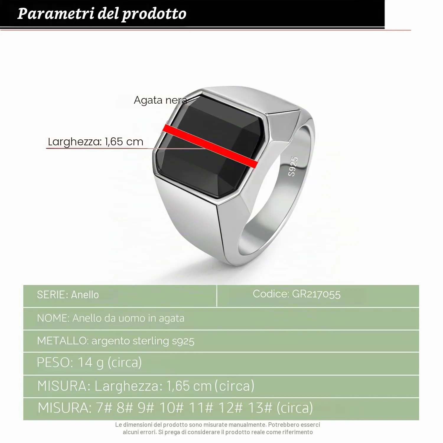 Dankadi Anello Agata Nera Grande 16MM 18MM Rotondo Quadrato in Argento Sterling 925 Semplice Grosso, 52-70mm Anello di Lusso Vintage Punk Regalo Gioielli per Uomo Donna Fidanzamento Matrimonio, 11 - immagine 2