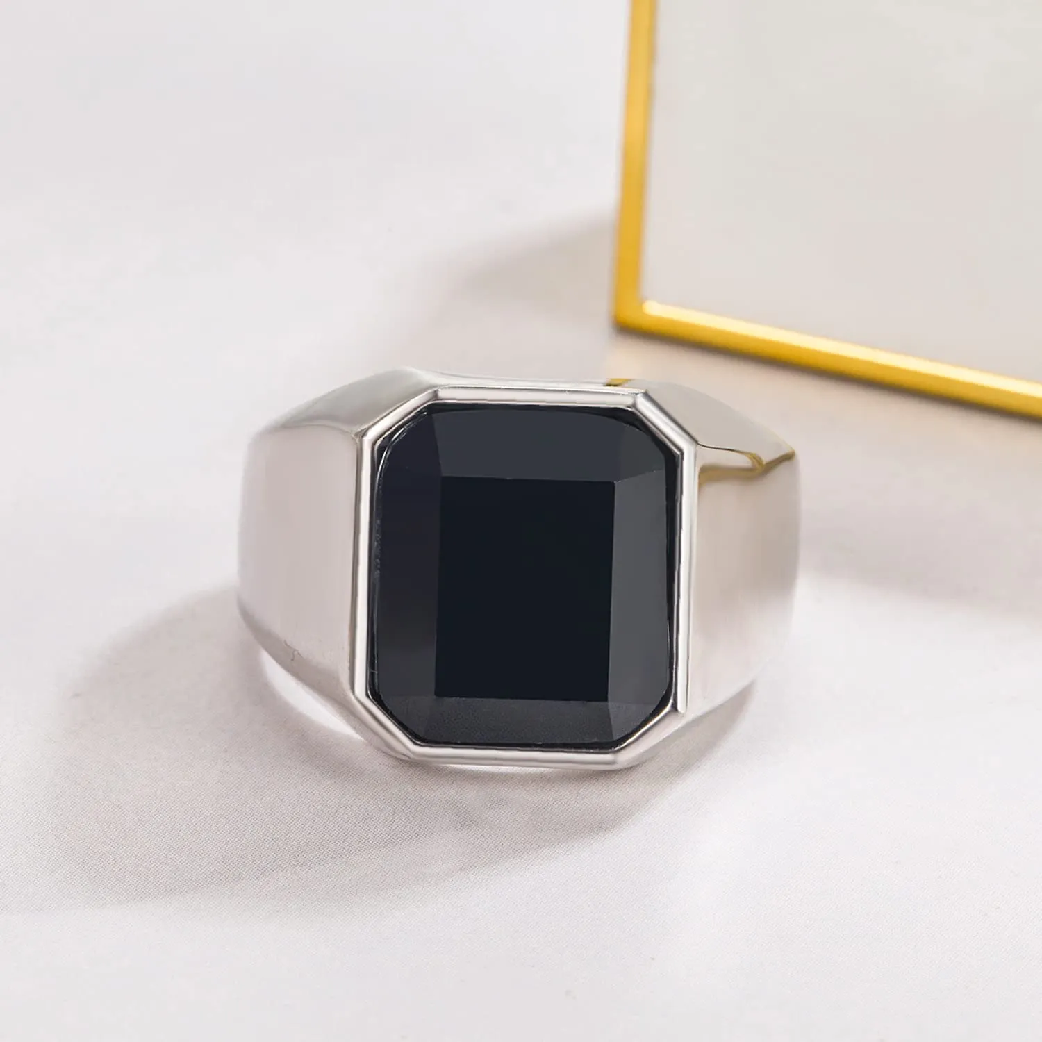 Dankadi Anello Nero in Agata, Largo 16 mm e 18 mm, Rotondo e Quadrato, Argento Sterling 925, Semplice, Grande 52-70 mm, Anello di Lusso, Vintage, Punk, Regalo per Uomo e Donna - immagine 8