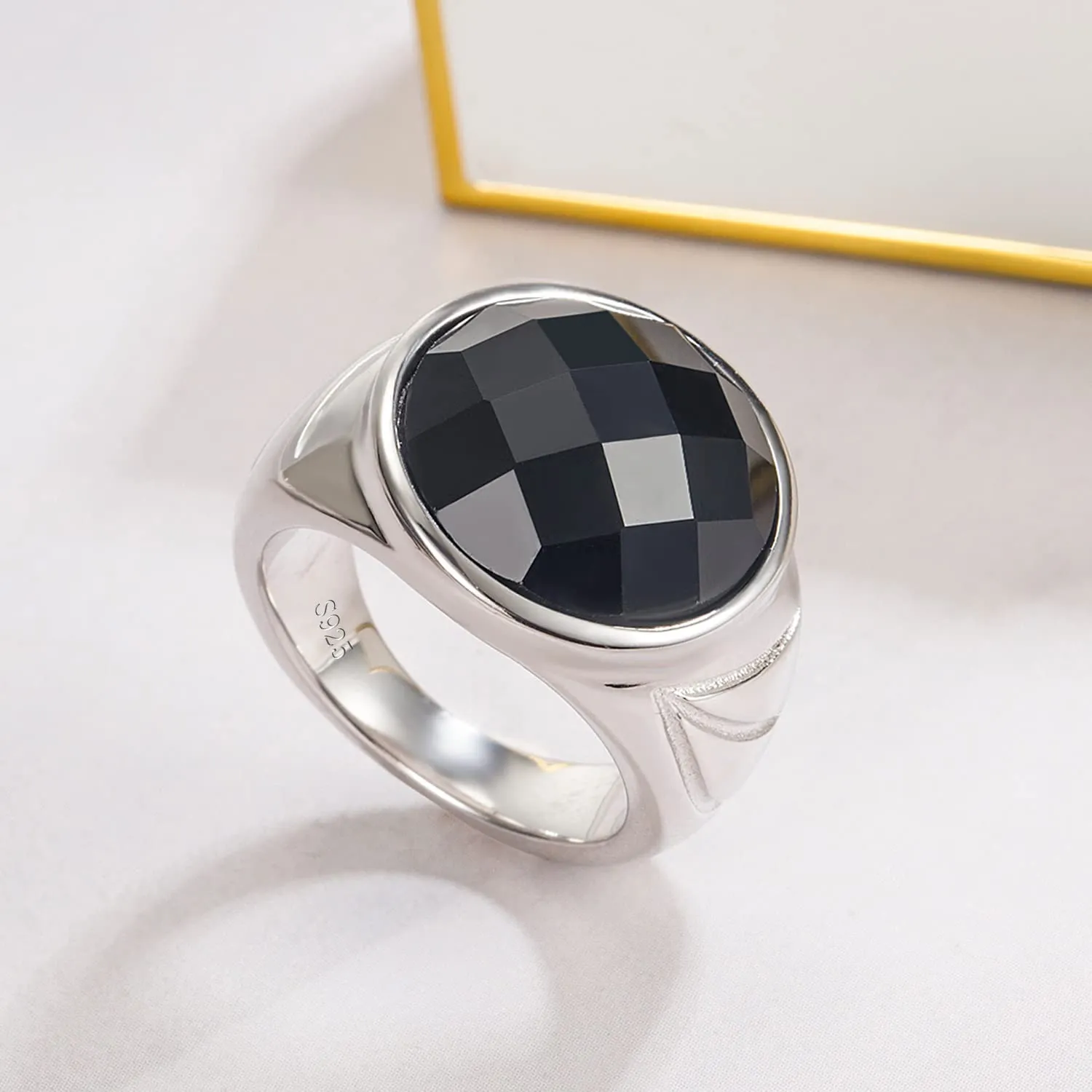 Dankadi Anello Agata Nera Grande 16MM 18MM Rotondo Quadrato in Argento Sterling 925 Semplice Grosso, 52-70mm Anello di Lusso Vintage Punk Regalo Gioielli per Uomo Donna Fidanzamento Matrimonio, 10 - immagine 8