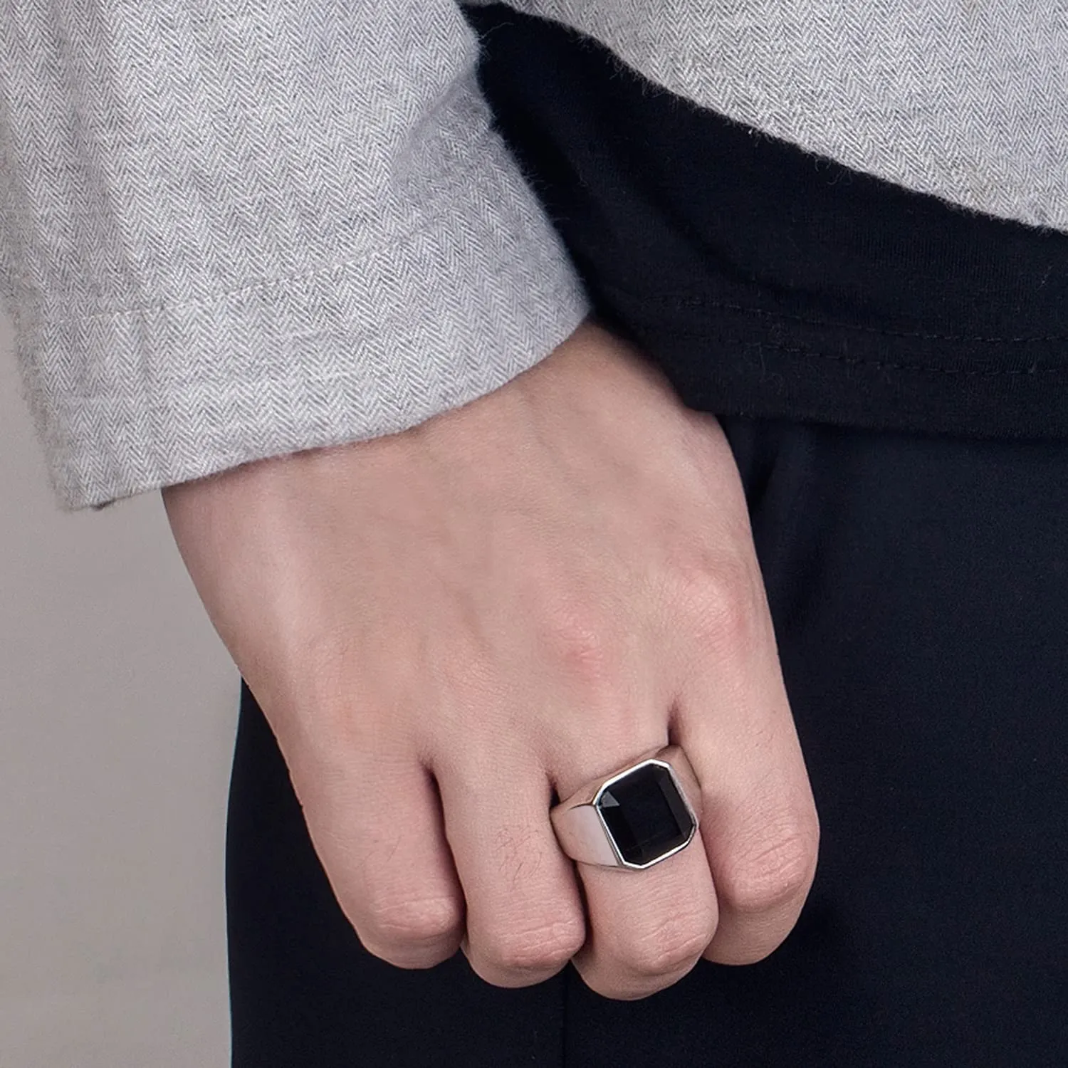 Dankadi Anello in agata nera, grande, 16 mm, 18 mm, rotondo, quadrato, in argento Sterling 925, semplice e grande, 52-70 mm, anello di lusso, vintage, punk, regalo gioielli per uomo e donne - immagine 4