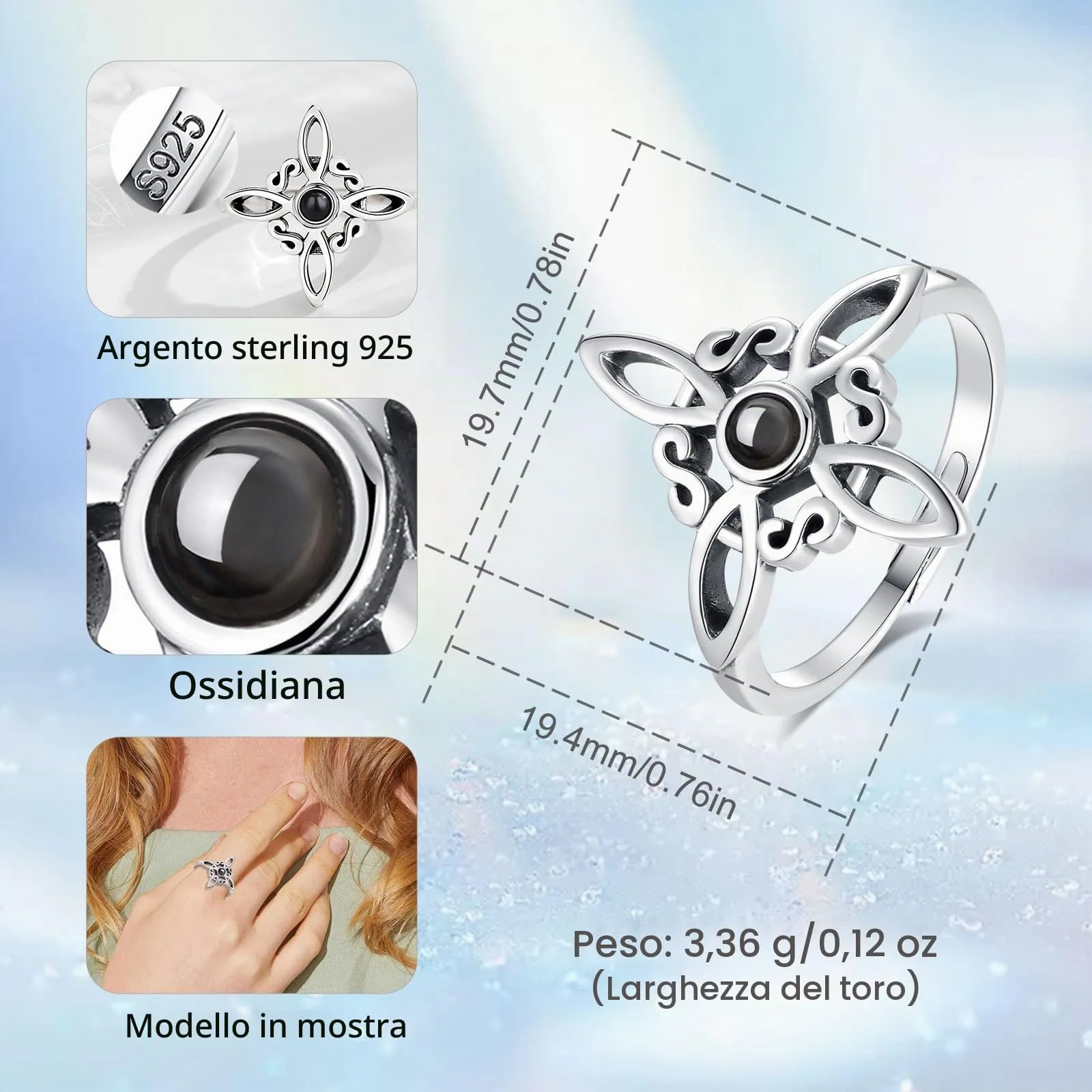AEONSLOVE Anello Nodo della Strega Argento 925 Donna Anello Nodo Regolabile Anelli Celtica Argento 925 con Ossidiana Anello Celtici Aperti Nodi delle Streghe - immagine 4