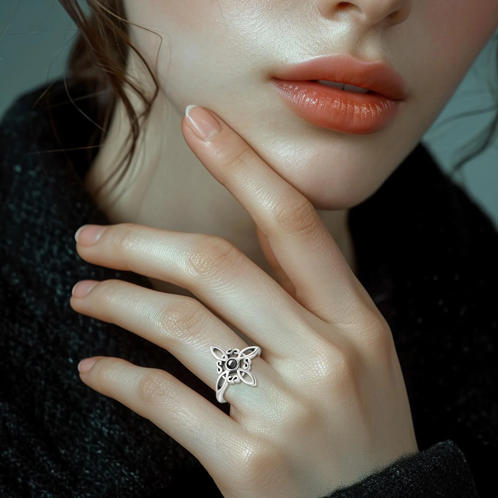 AEONSLOVE Anello Nodo della Strega Argento 925 Donna Anello Nodo Regolabile Anelli Celtica Argento 925 con Ossidiana Anello Celtici Aperti Nodi delle Streghe - immagine 5