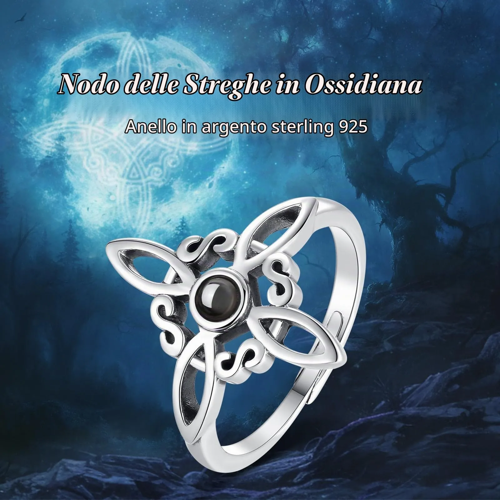 AEONSLOVE Anello Nodo della Strega Argento 925 Donna Anello Nodo Regolabile Anelli Celtica Argento 925 con Ossidiana Anello Celtici Aperti Nodi delle Streghe - immagine 7