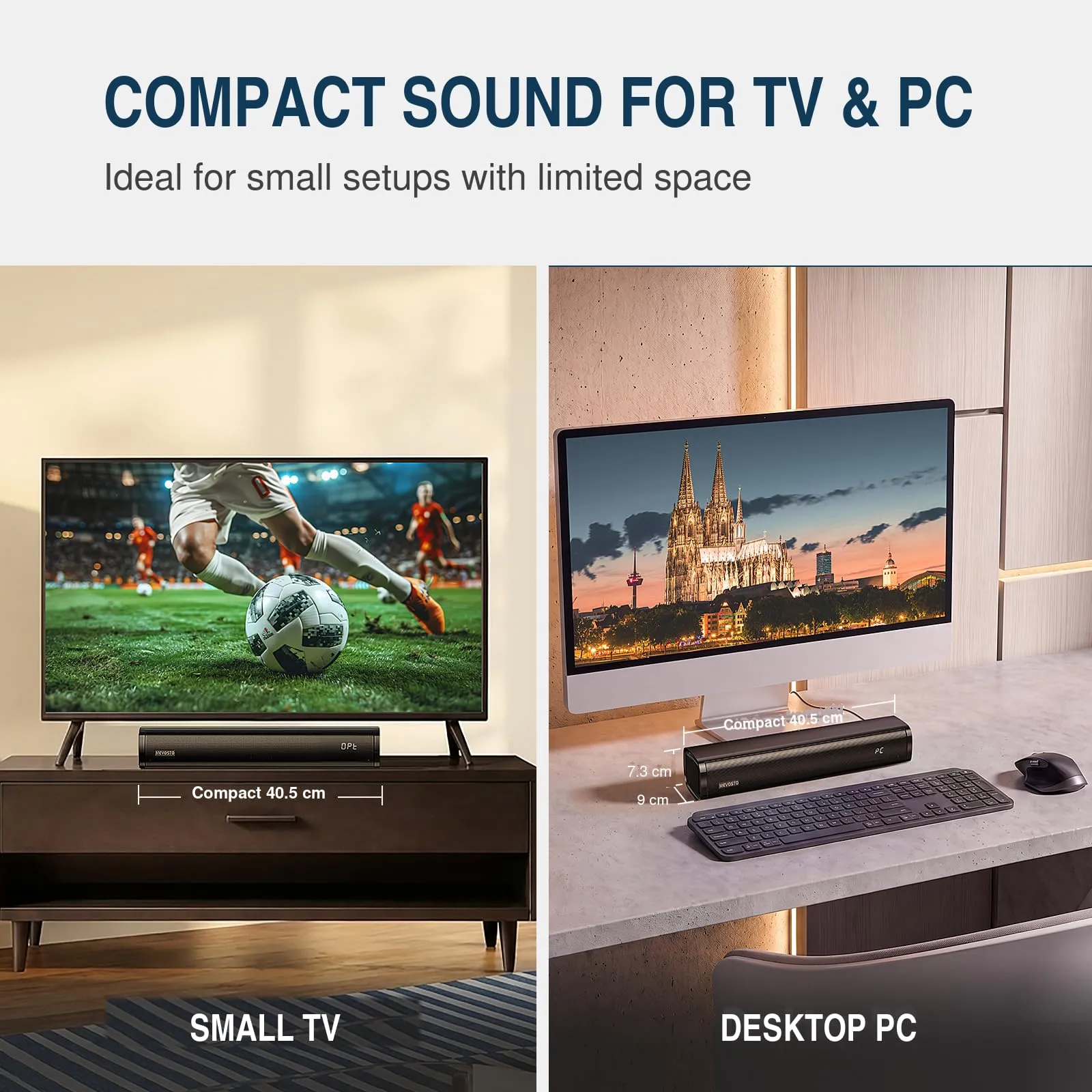 MEVOSTO Soundbar TV con Subwoofer Integrato, 2.1ch Soundbar PC Mini, 60W Casse TV Sound Bar Compatta, Home Theater con USB Digital Audio/BT5.4/Ottico/AUX, Voice Enhance 3 EQ, Montaggio a Parete - immagine 3