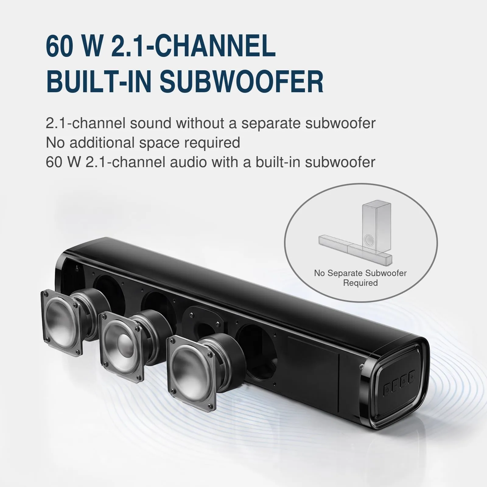 MEVOSTO Soundbar TV con Subwoofer Integrato, 2.1ch Soundbar PC Mini, 60W Casse TV Sound Bar Compatta, Home Theater con USB Digital Audio/BT5.4/Ottico/AUX, Voice Enhance 3 EQ, Montaggio a Parete - immagine 4