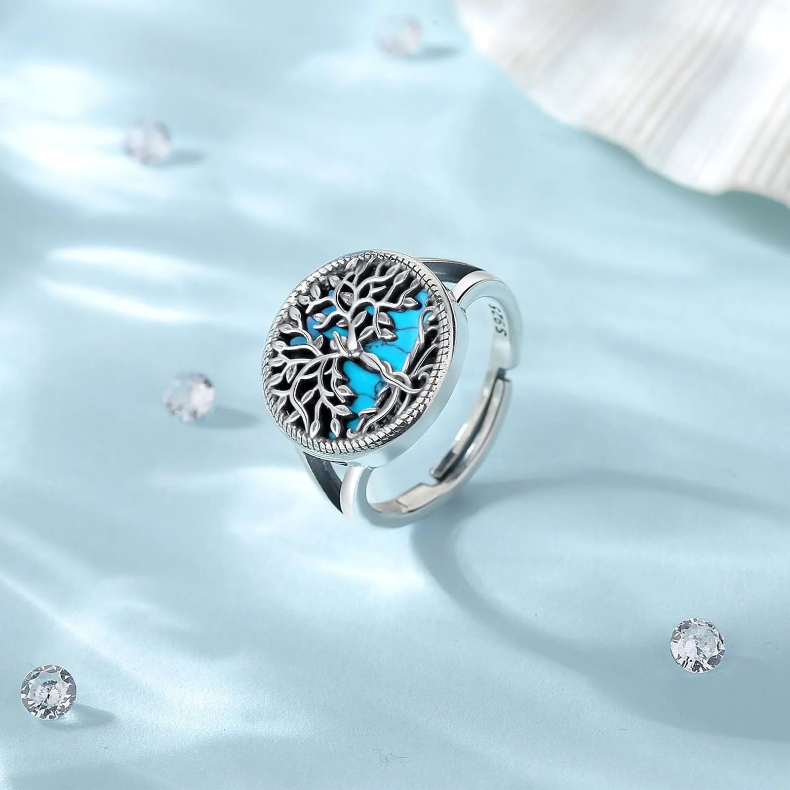 AEONSLOVE Anello Albero della Vita Anello Regolabile Donna Argento 925 Anelli Aperti Argento 925 Turchese Anelli Donna Regolabili Idea Regalo per Mamma Ragazze - immagine 3