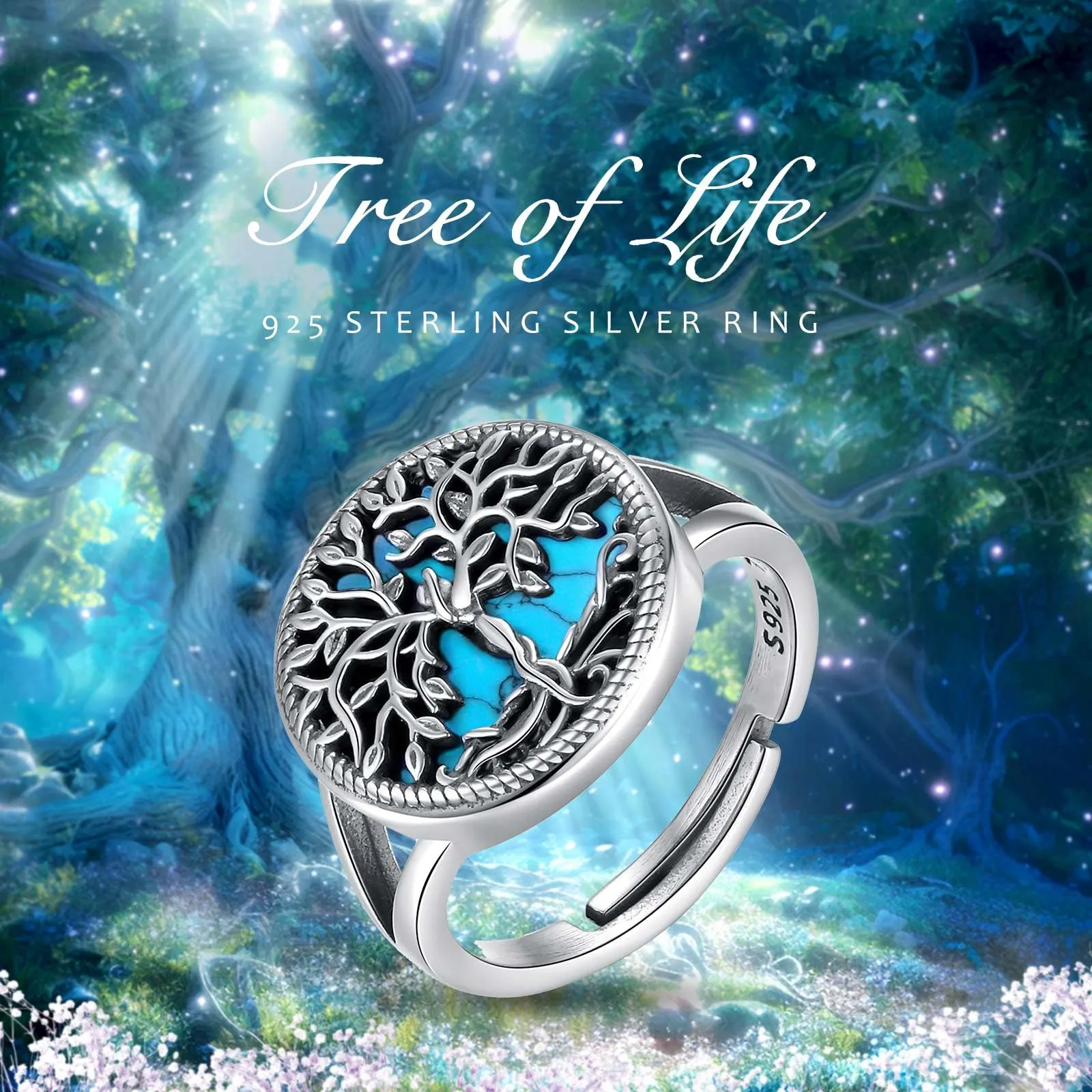 AEONSLOVE Anello Albero della Vita Anello Regolabile Donna Argento 925 Anelli Aperti Argento 925 Turchese Anelli Donna Regolabili Idea Regalo per Mamma Ragazze - immagine 4