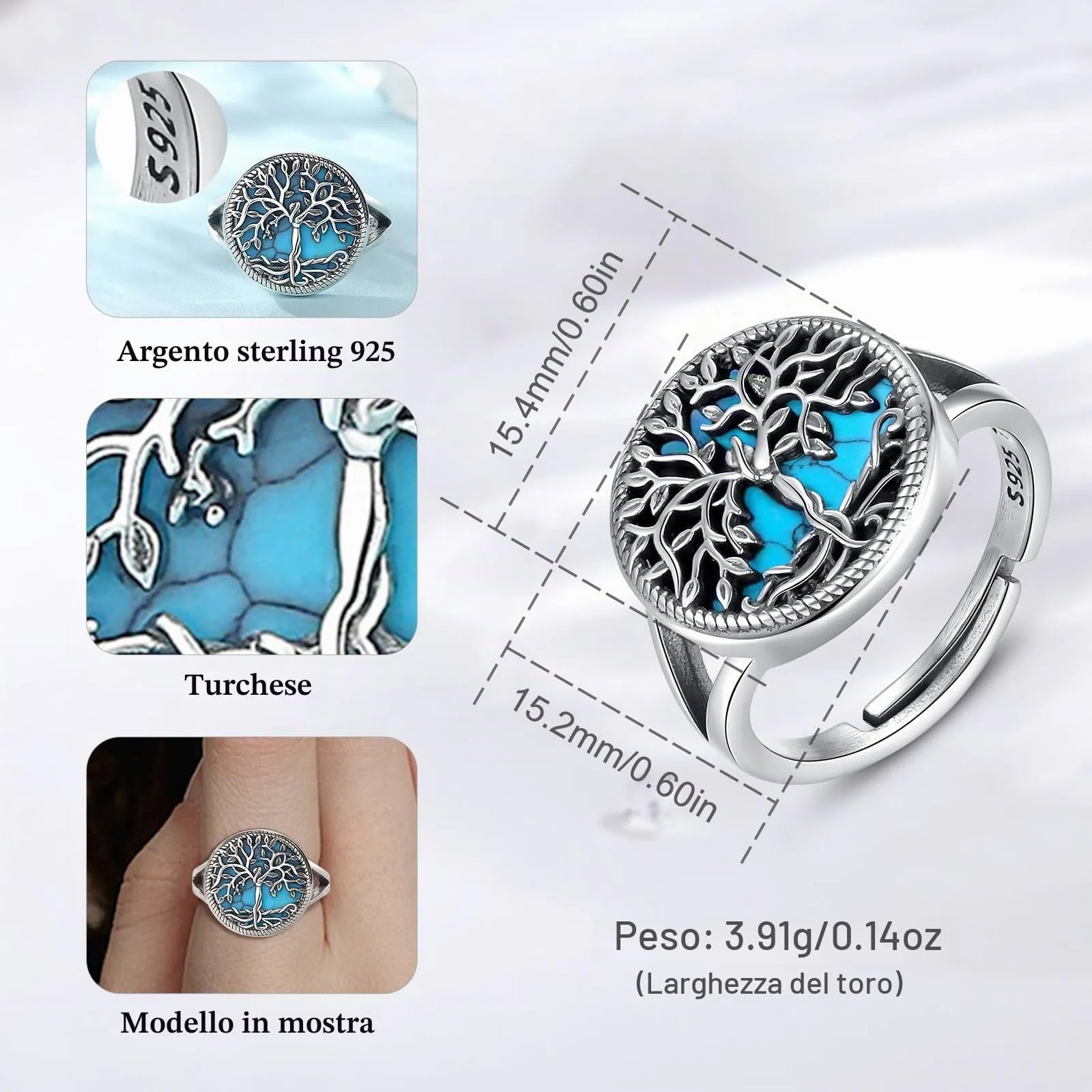 AEONSLOVE Anello Albero della Vita Anello Regolabile Donna Argento 925 Anelli Aperti Argento 925 Turchese Anelli Donna Regolabili Idea Regalo per Mamma Ragazze - immagine 7