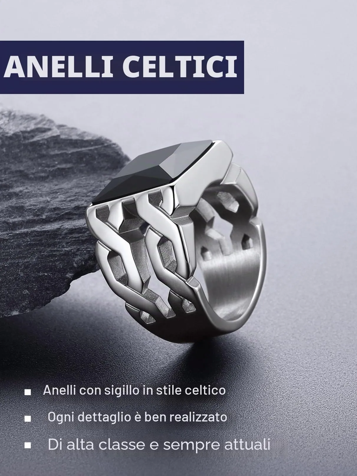 Bandmax Anello Uomo in Acciaio Inossidabile, Anello Argento Uomo con Pietra Nero,Anello Triquetra Nodo Celtico Misura 25 Circonferenza 64.4mm, Confezione Regalo - immagine 5
