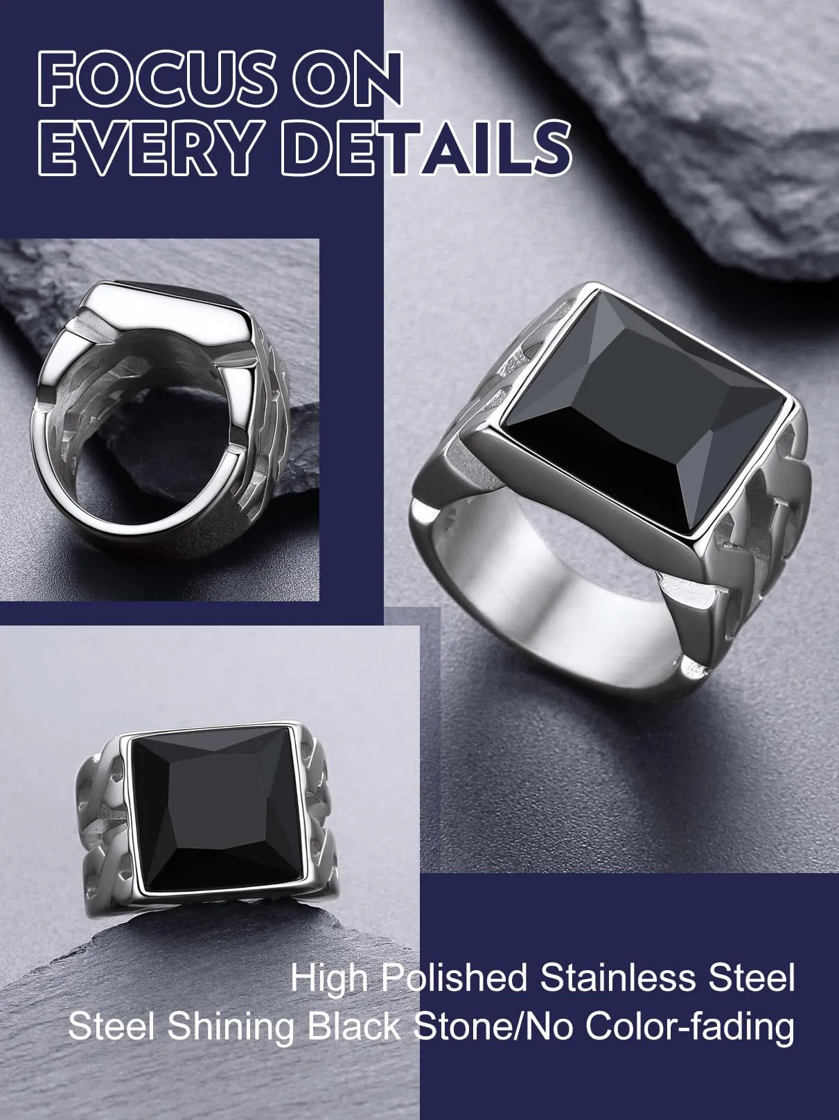Bandmax Anello Uomo in Acciaio Inossidabile, Anello Argento Uomo con Pietra Nero,Anello Triquetra Nodo Celtico Misura 17 Circonferenza 57mm, Confezione Regalo - immagine 5