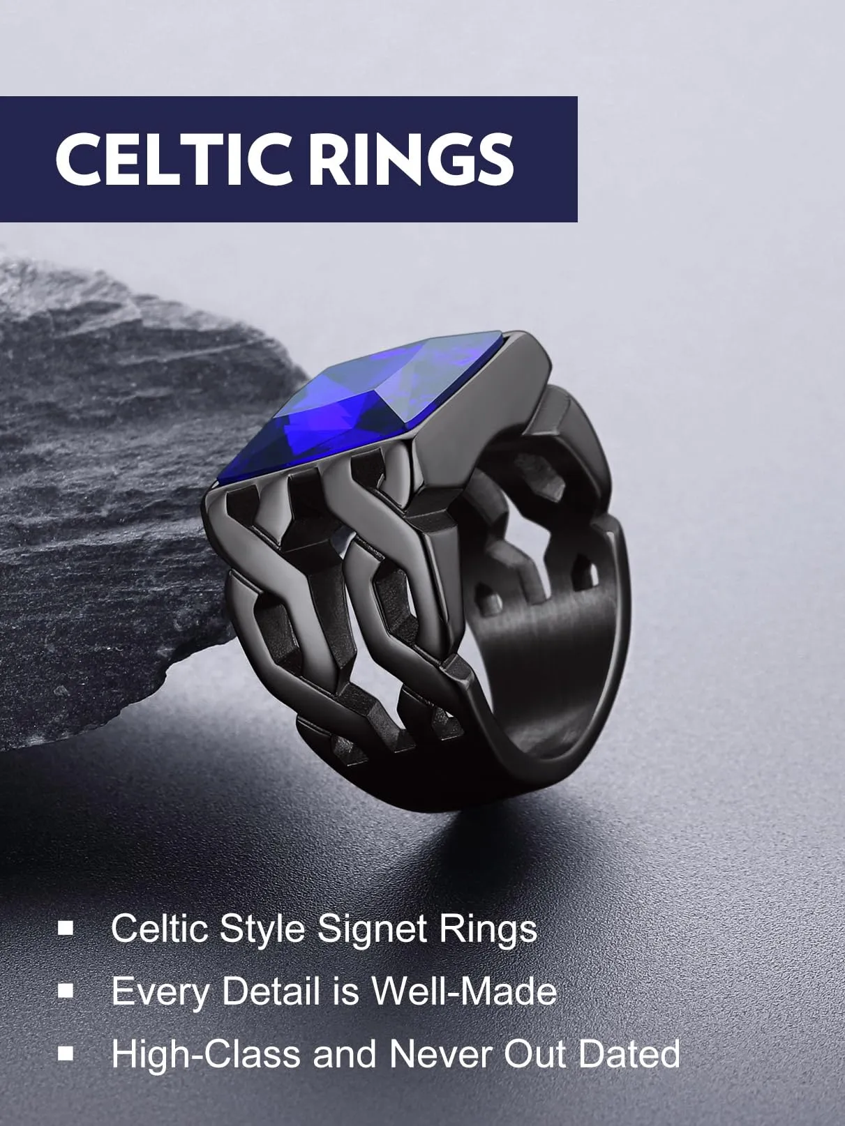 Bandmax Anello Uomo in Acciaio Inossidabile, Anello Nero Uomo con Topazio Blu,Anello Triquetra Nodo Celtico Misura 25 Circonferenza 64.4mm, Confezione Regalo - immagine 6