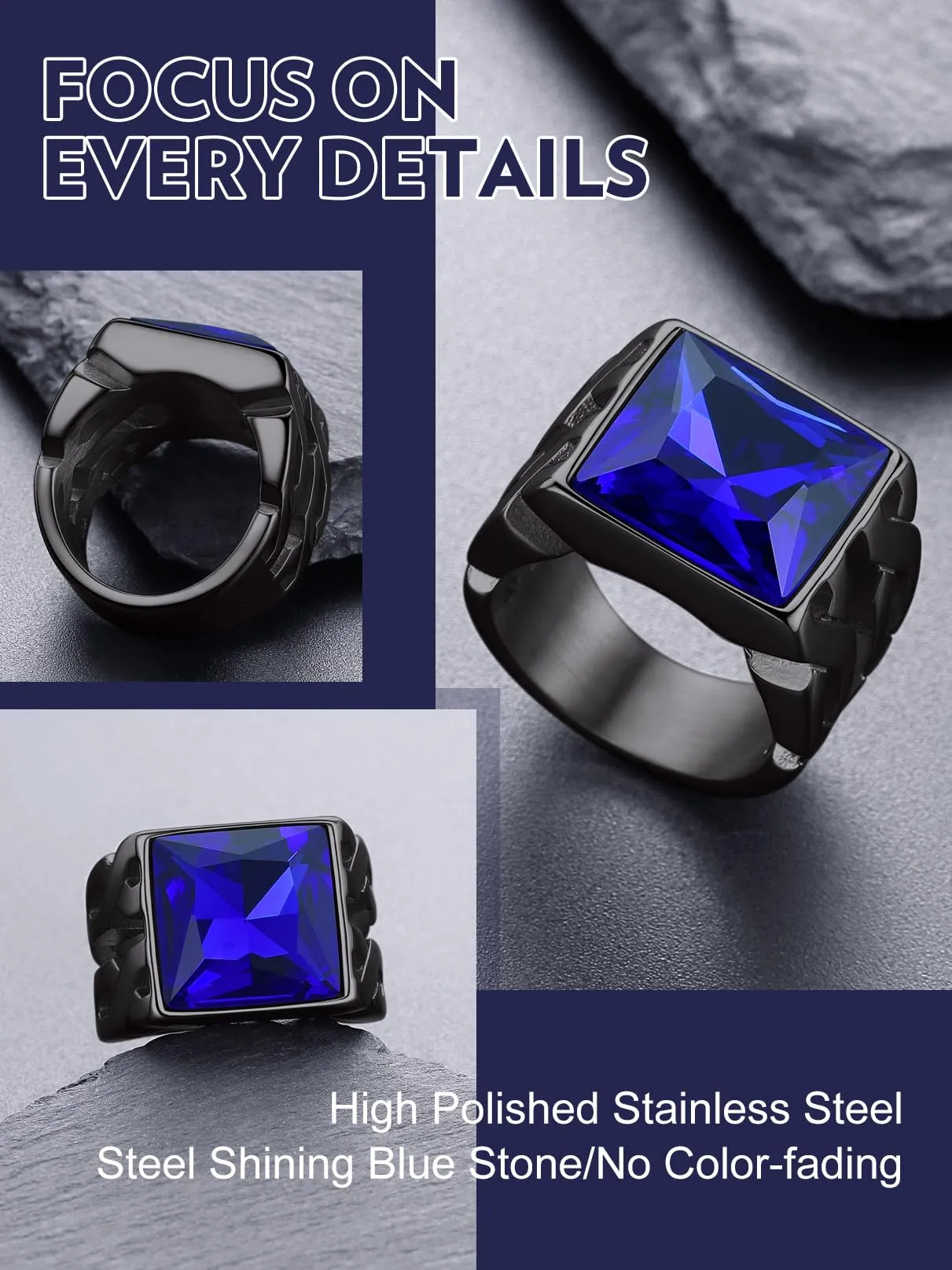 Bandmax Anello Uomo in Acciaio Inossidabile, Anello Nero Uomo con Topazio Blu,Anello Triquetra Nodo Celtico Misura 17 Circonferenza 57mm, Confezione Regalo - immagine 4