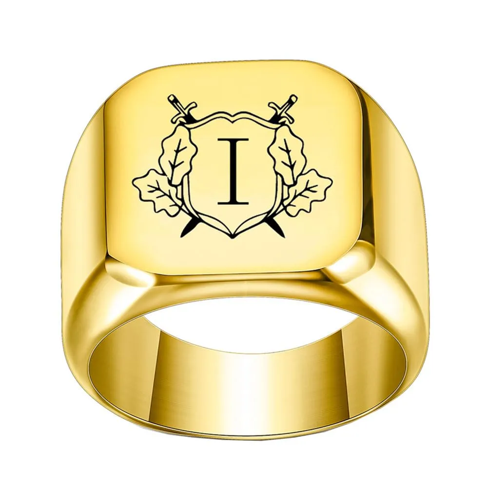 PAURO Anello in Acciaio Inossidabile Personalizzato con Iniziale Quadrata Dell'alfabeto dalla A alla Z per Uomo e Donna Oro I Misura 29 - immagine 1