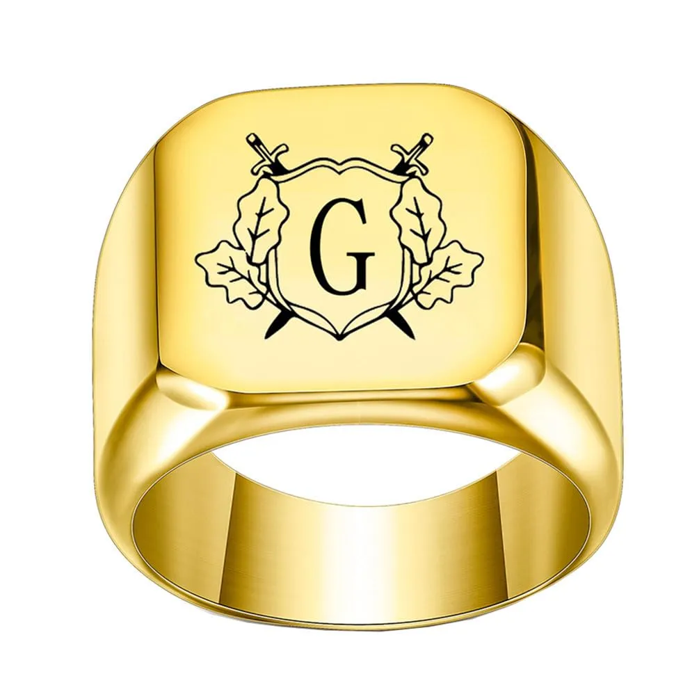PAURO Anello in Acciaio Inossidabile Personalizzato con Iniziale Quadrata Dell'alfabeto dalla A alla Z per Uomo e Donna Oro G Misura 35 - immagine 1