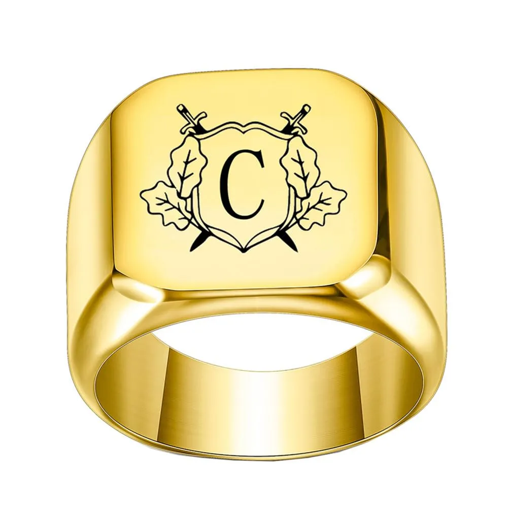 PAURO Anello in Acciaio Inossidabile Personalizzato con Iniziale Quadrata Dell'alfabeto dalla A alla Z per Uomo e Donna Oro C Misura 32 - immagine 1