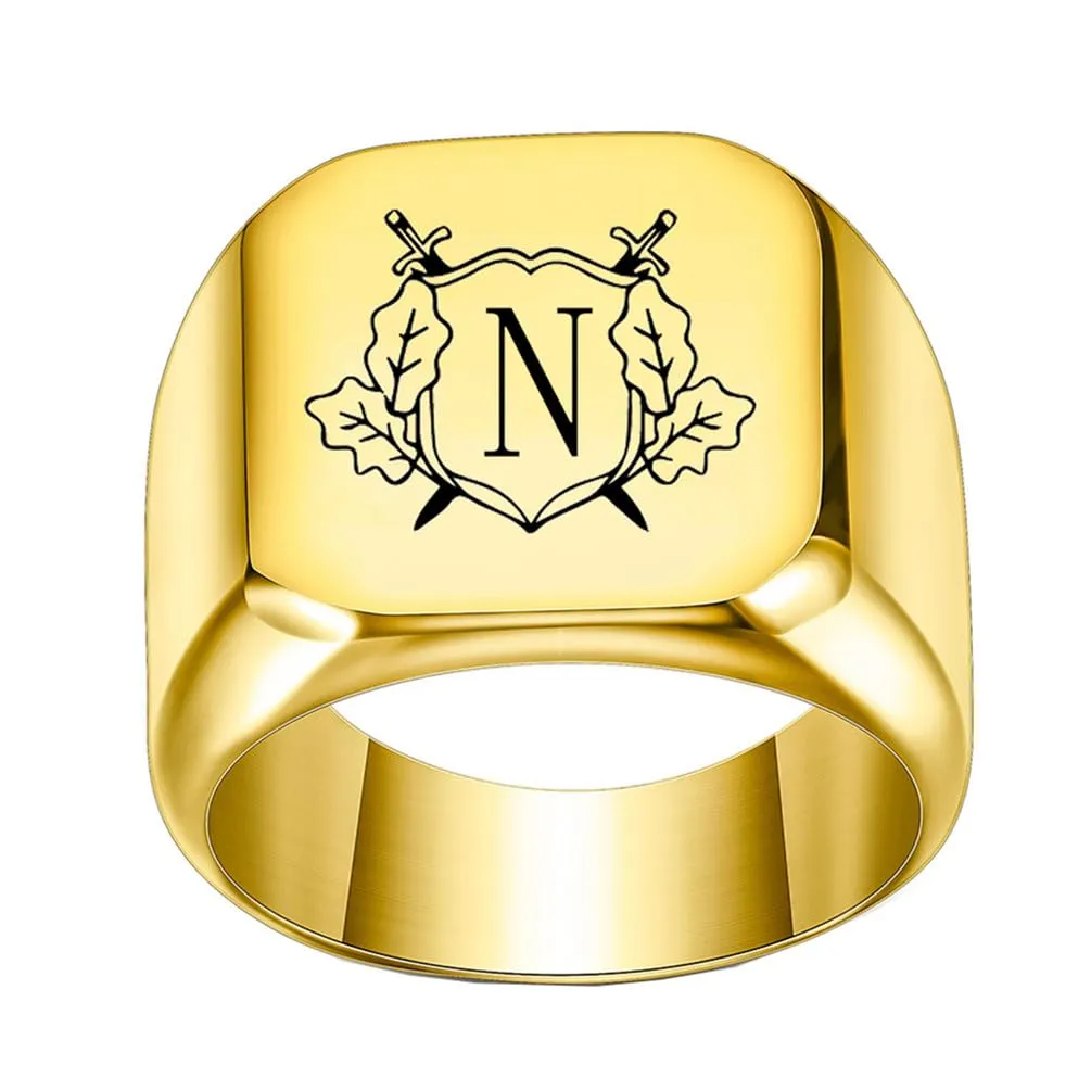 PAURO Anello in Acciaio Inossidabile Personalizzato con Iniziale Quadrata Dell'alfabeto dalla A alla Z per Uomo e Donna Oro N Misura 19 - immagine 1