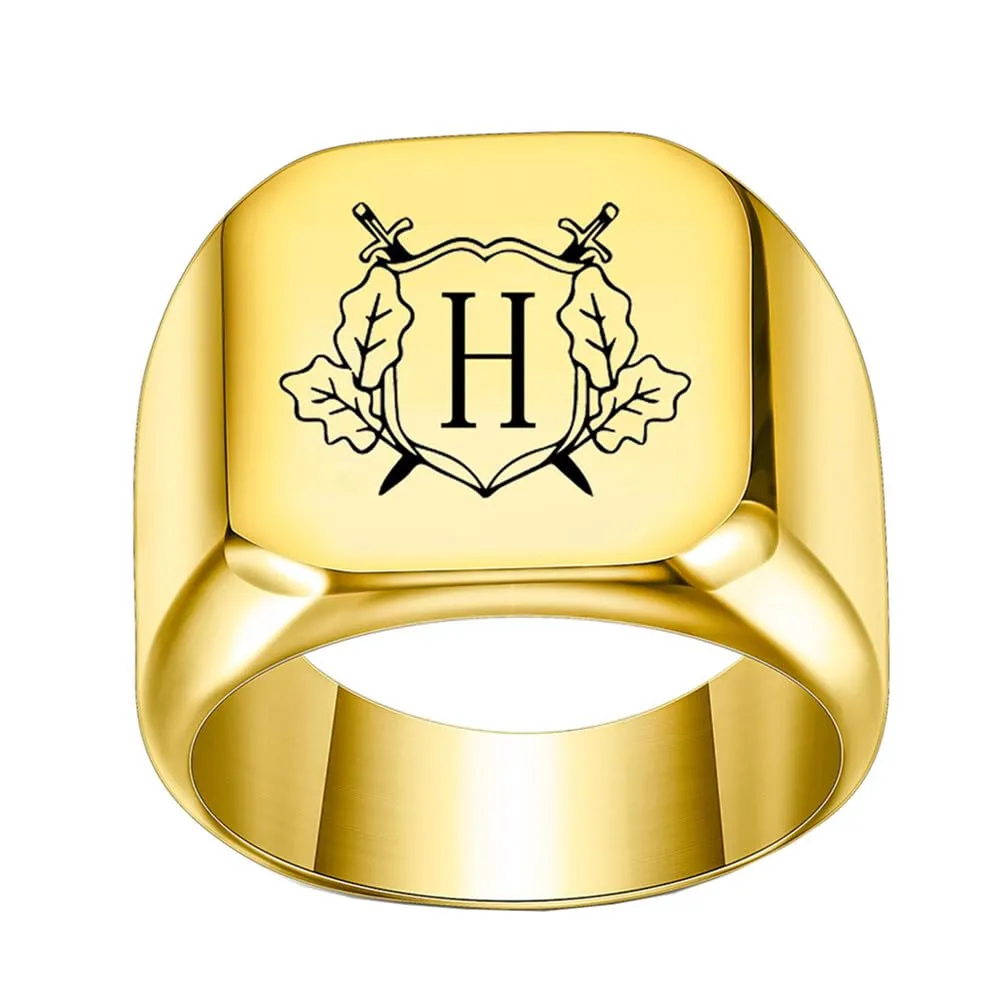 PAURO Anello in Acciaio Inossidabile Personalizzato con Iniziale Quadrata Dell'alfabeto dalla A alla Z per Uomo e Donna Oro H Misura 35 - immagine 1