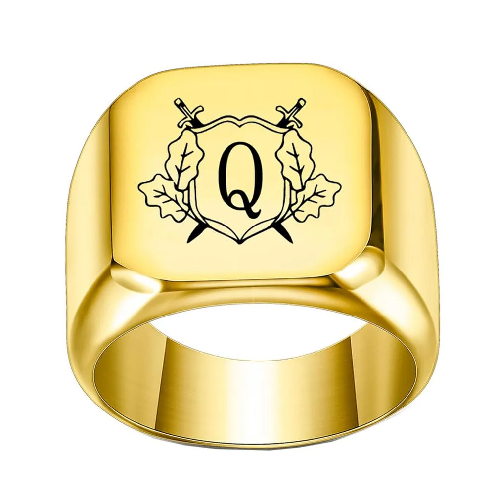 PAURO Anello in Acciaio Inossidabile Personalizzato con Iniziale Quadrata Dell'alfabeto dalla A alla Z per Uomo e Donna Oro Q Misura 32 - immagine 1
