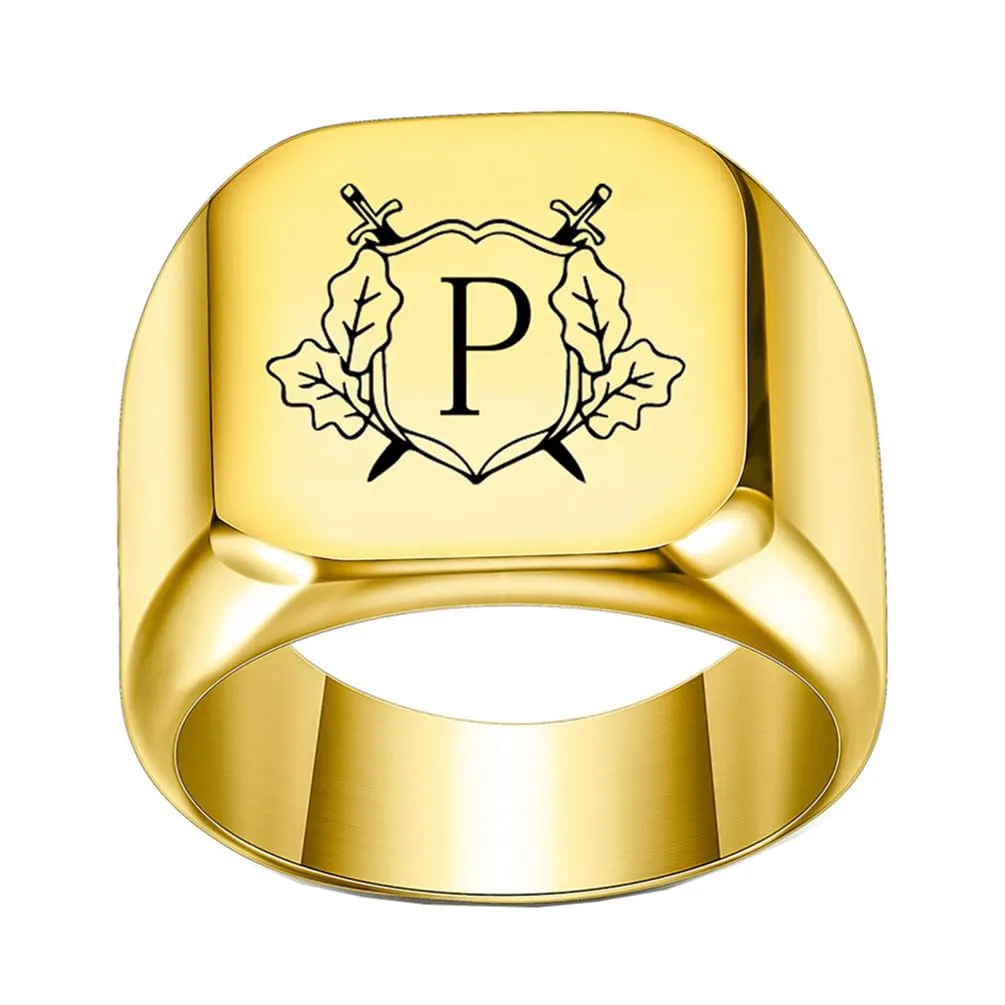 PAURO Anello in Acciaio Inossidabile Personalizzato con Iniziale Quadrata Dell'alfabeto dalla A alla Z per Uomo e Donna Oro P Misura 12 - immagine 1