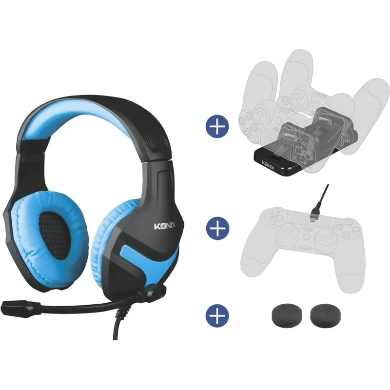 Pacchetto di accessori da gioco Konix Mythics con cuffie da gioco PS-400 per PS4 Blu - immagine 1
