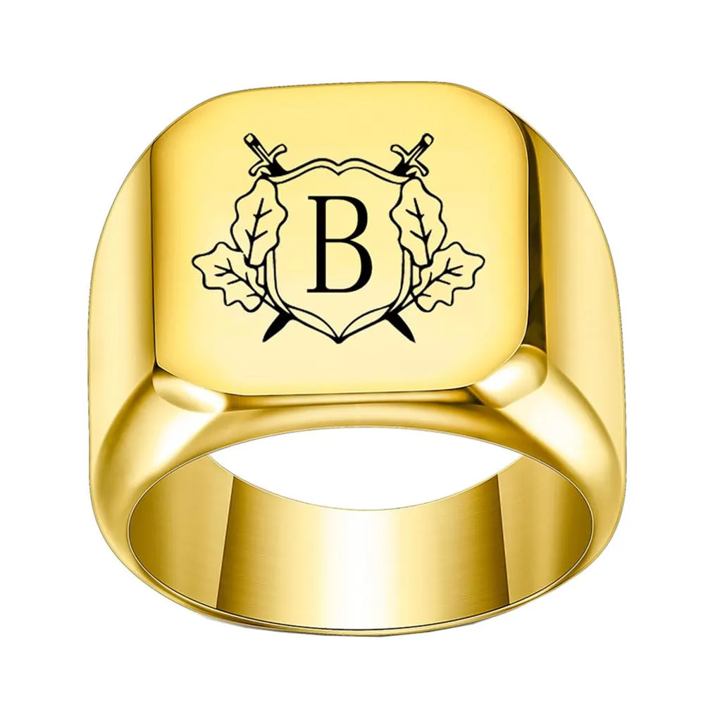 PAURO Anello in Acciaio Inossidabile Personalizzato con Iniziale Quadrata Dell'alfabeto dalla A alla Z per Uomo e Donna Oro B Misura 27 - immagine 1
