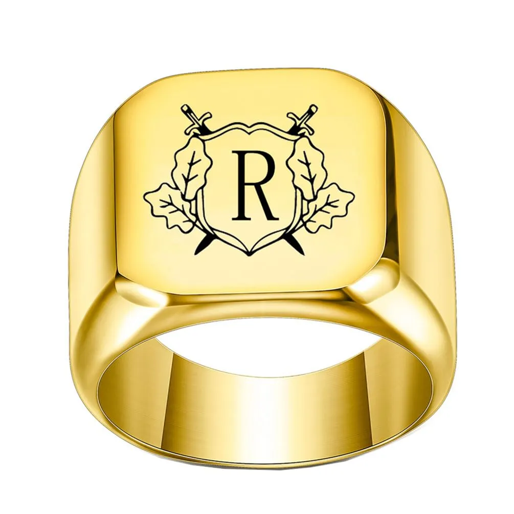 PAURO Anello in Acciaio Inossidabile Personalizzato con Iniziale Quadrata Dell'alfabeto dalla A alla Z per Uomo e Donna Oro R Misura 29 - immagine 1