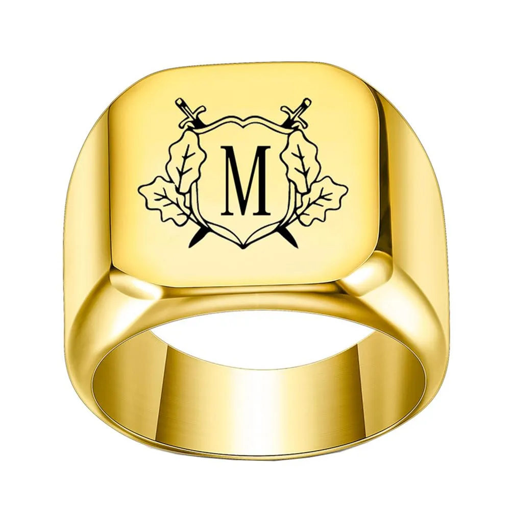 PAURO Anello in Acciaio Inossidabile Personalizzato con Iniziale Quadrata Dell'alfabeto dalla A alla Z per Uomo e Donna Oro M Misura 32 - immagine 1