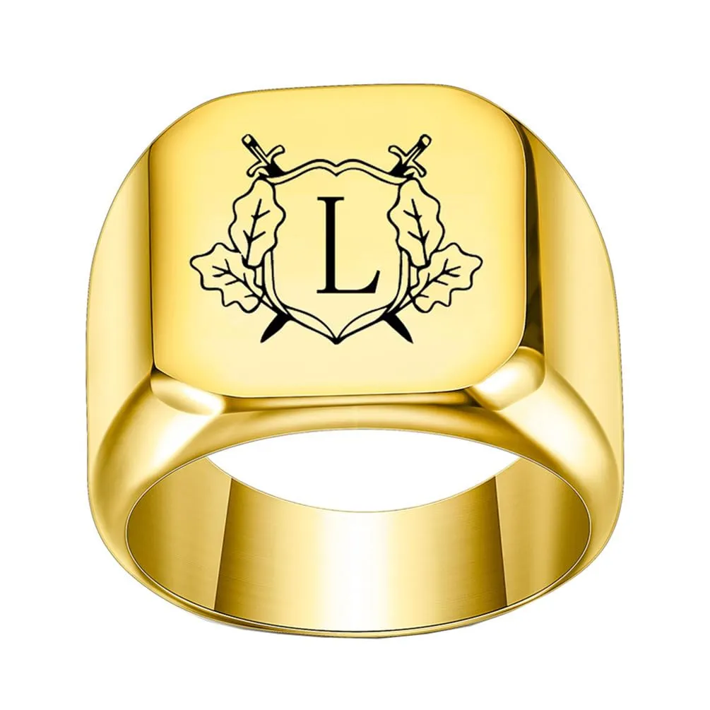 PAURO Anello in Acciaio Inossidabile Personalizzato con Iniziale Quadrata Dell'alfabeto dalla A alla Z per Uomo e Donna Oro L Misura 14 - immagine 1