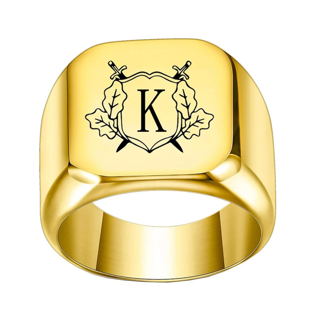 PAURO Anello in Acciaio Inossidabile Personalizzato con Iniziale Quadrata Dell'alfabeto dalla A alla Z per Uomo e Donna Oro K Misura 35 - immagine 1