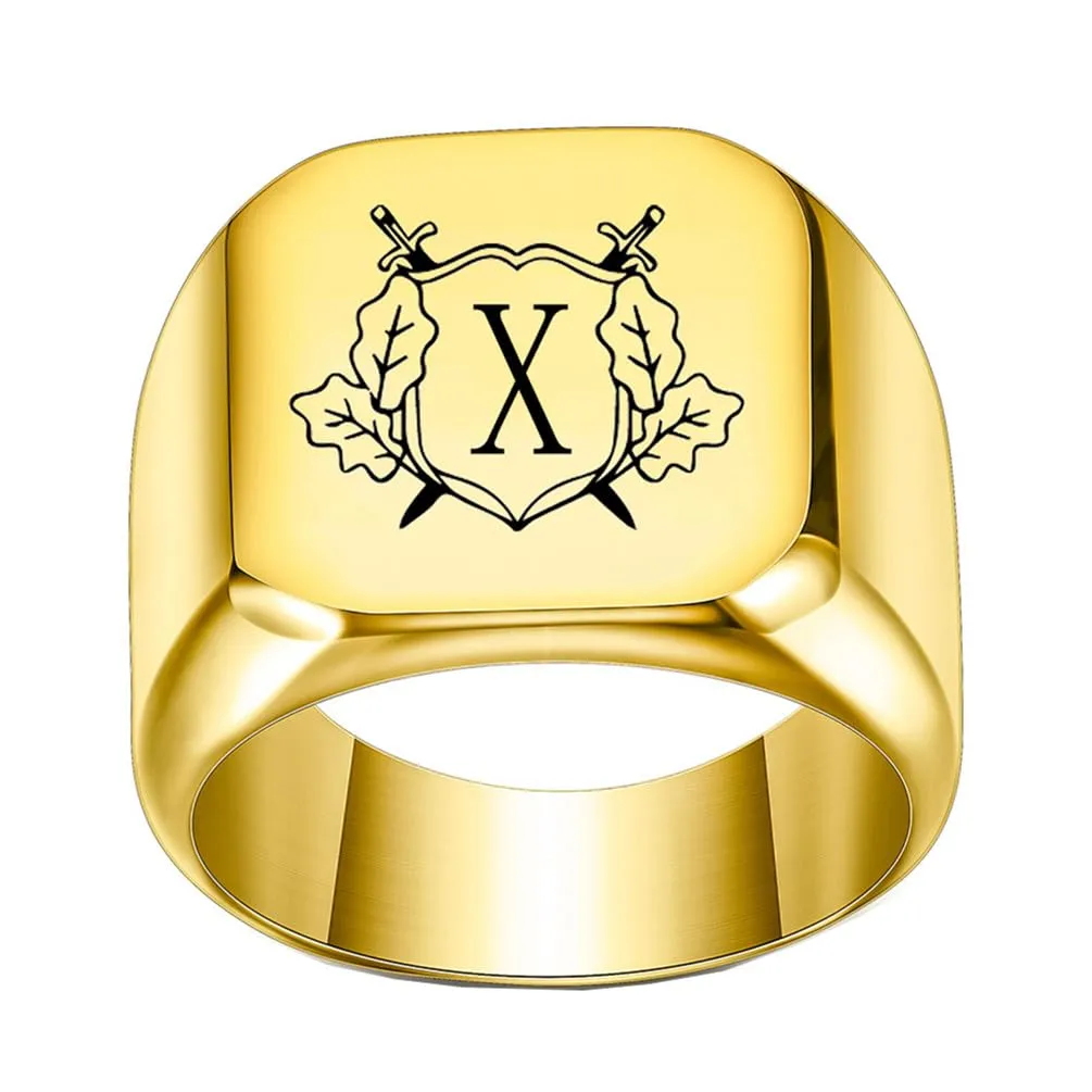 PAURO Anello in Acciaio Inossidabile Personalizzato con Iniziale Quadrata Dell'alfabeto dalla A alla Z per Uomo e Donna Oro X Misura 19 - immagine 1