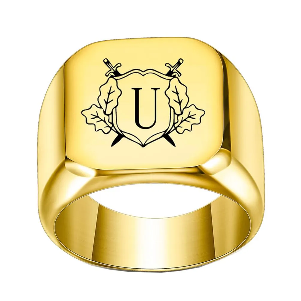 PAURO Anello in Acciaio Inossidabile Personalizzato con Iniziale Quadrata Dell'alfabeto dalla A alla Z per Uomo e Donna Oro U Misura 19 - immagine 1