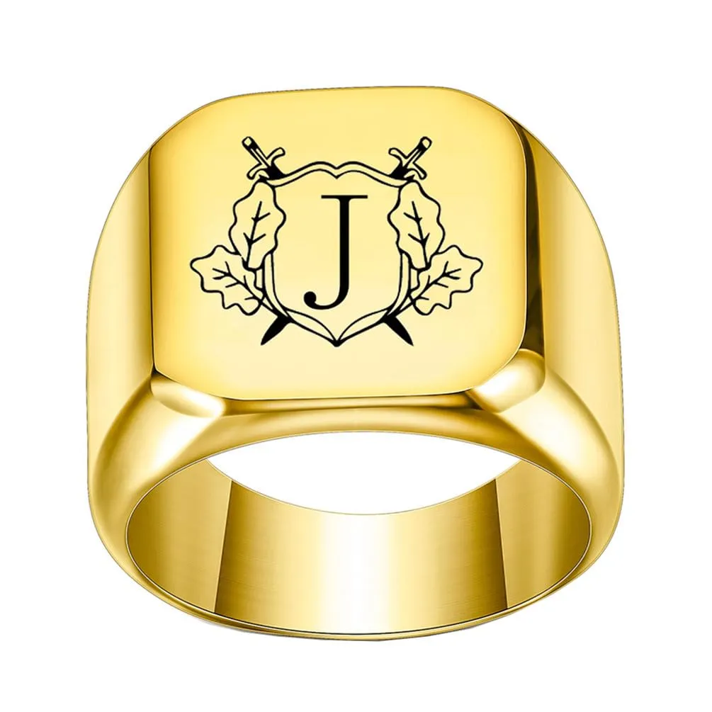 PAURO Anello in Acciaio Inossidabile Personalizzato con Iniziale Quadrata Dell'alfabeto dalla A alla Z per Uomo e Donna Oro J Misura 35 - immagine 1