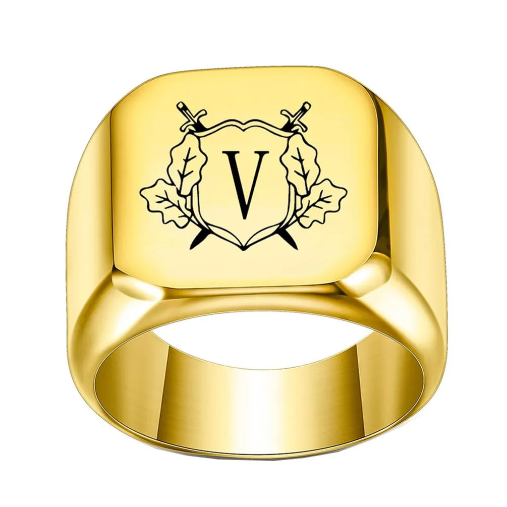 PAURO Anello in Acciaio Inossidabile Personalizzato con Iniziale Quadrata Dell'alfabeto dalla A alla Z per Uomo e Donna Oro V Misura 35 - immagine 1