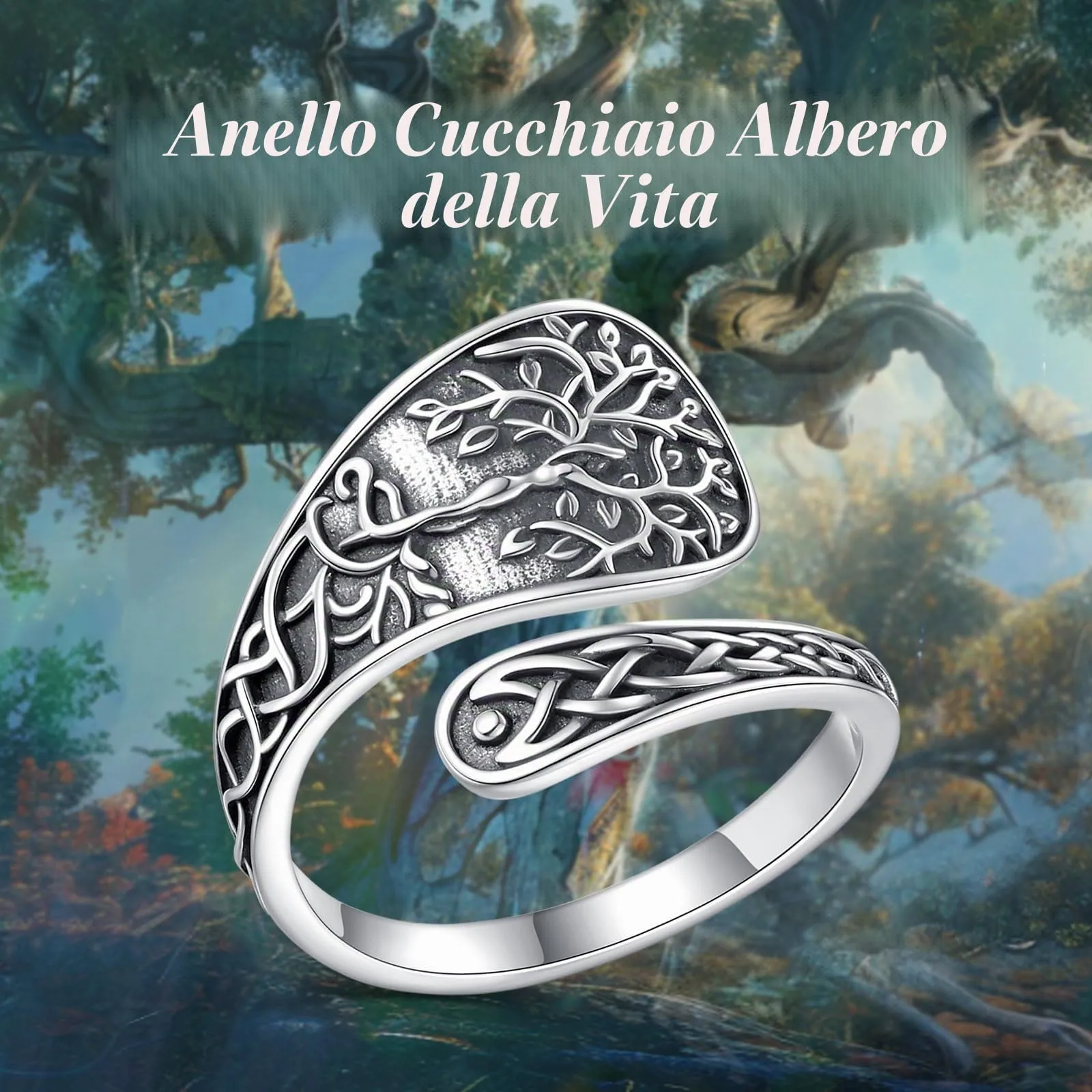 AEONSLOVE Anello Cucchiaio Argento 925 Anello Albero della Vita Donna Regolabile Anelli Cucchiaio Regolabili Anelli Aperti Aperto Pollice - immagine 4